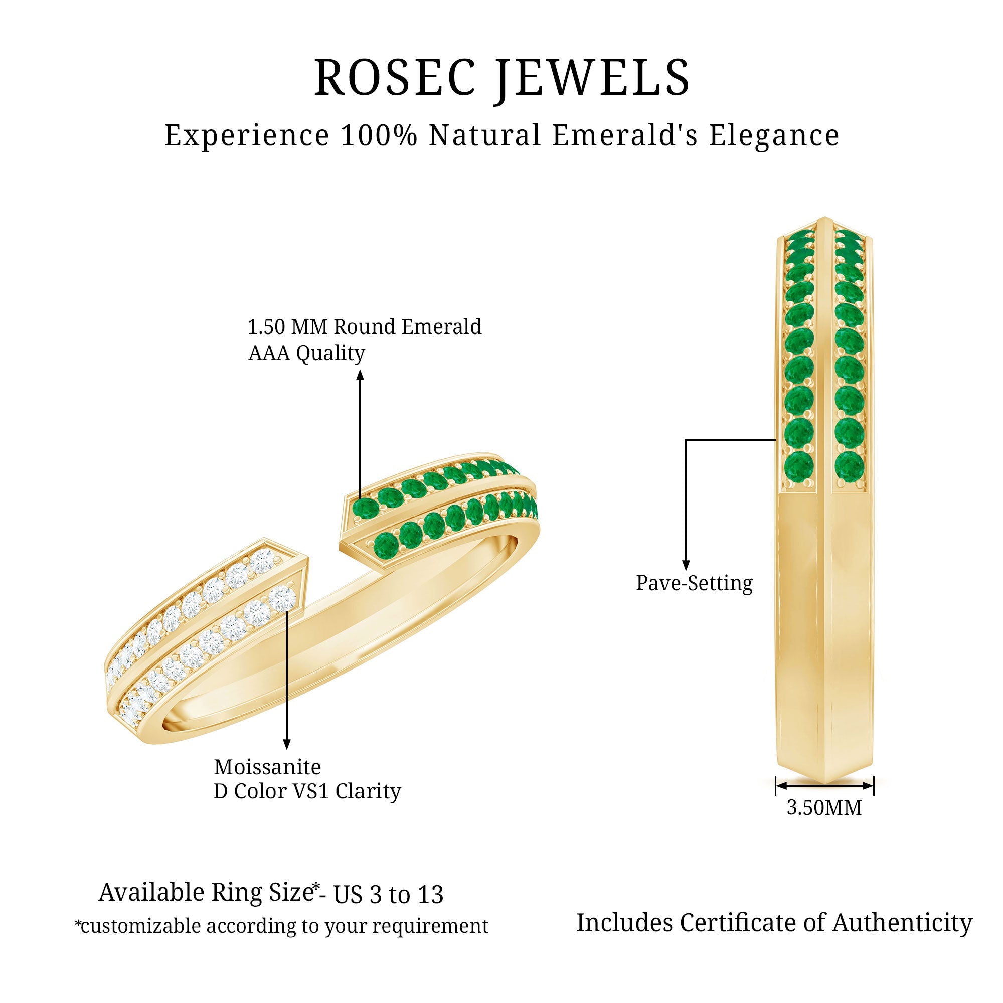Emerald Diamond Wedding Band – Open Adjustable Ring with Pave Setting & Lab Grown Diamonds