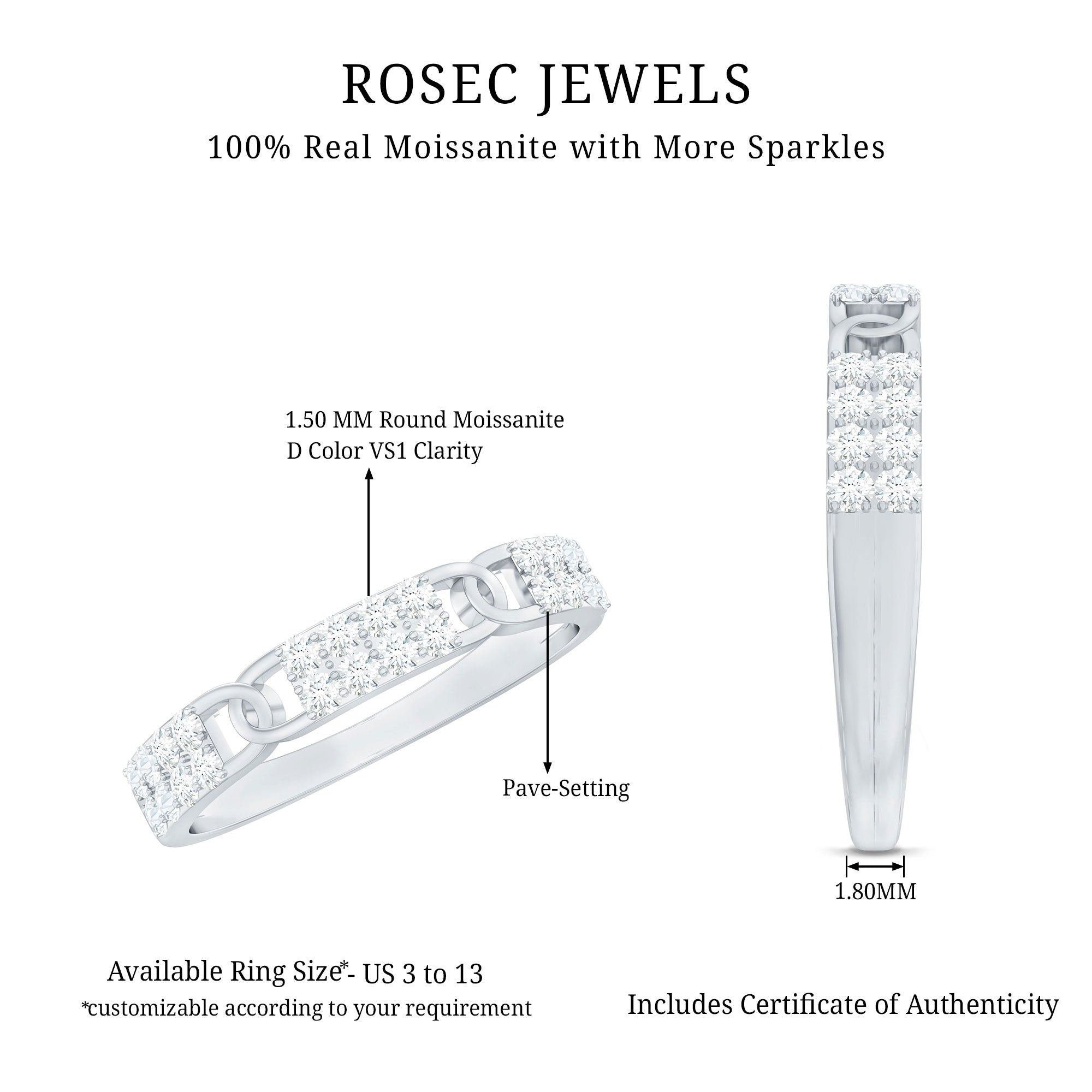 Moissanite Wedding Band – Interlocking Half Eternity Band with Pave Setting