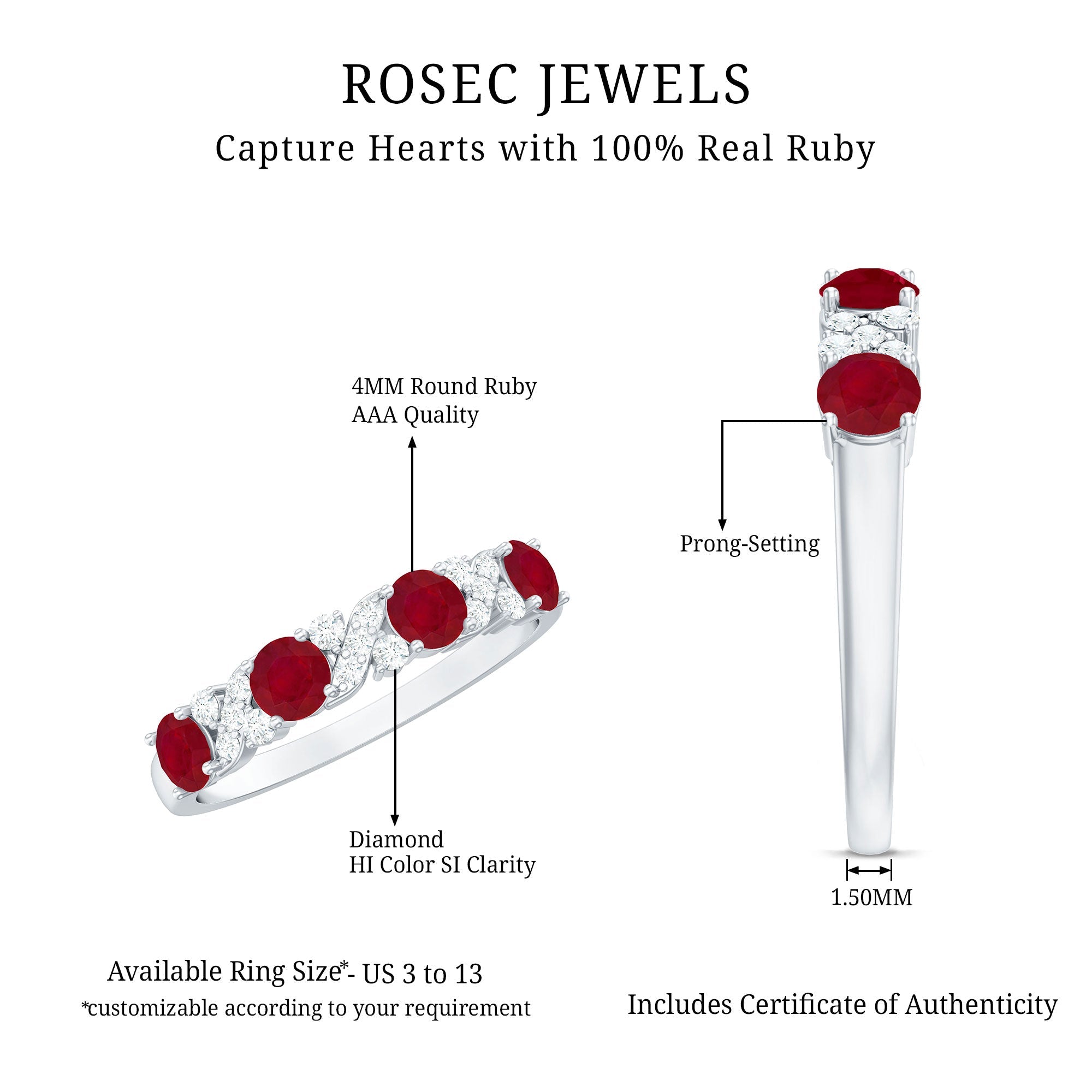 Ruby Eternity Ring – Half Eternity Band with Diamond & AAA Quality Rubies