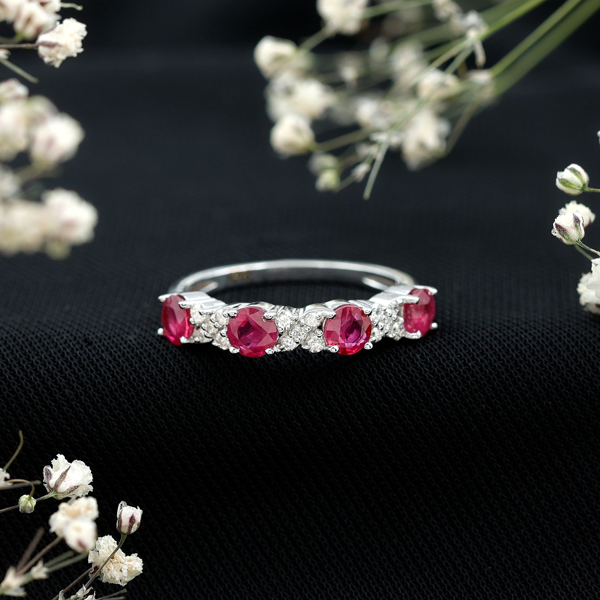 Ruby Eternity Ring – Half Eternity Band with Diamond & AAA Quality Rubies