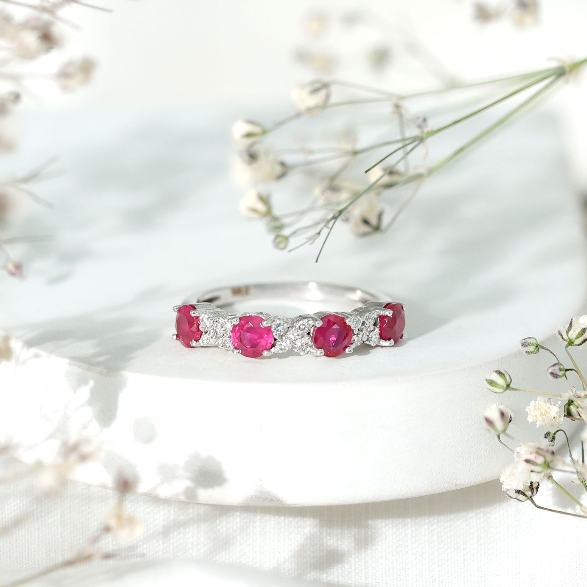 Ruby Eternity Ring – Half Eternity Band with Diamond & AAA Quality Rubies