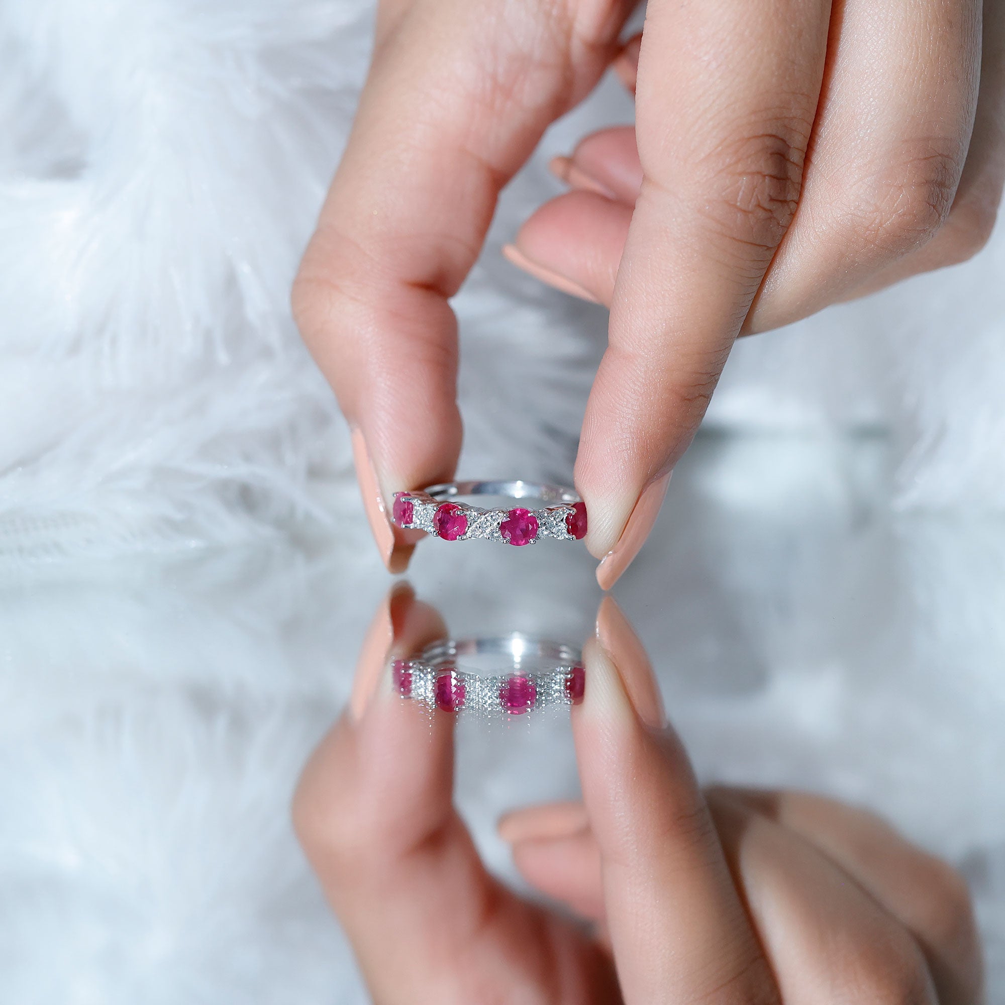 Ruby Eternity Ring – Half Eternity Band with Diamond & AAA Quality Rubies