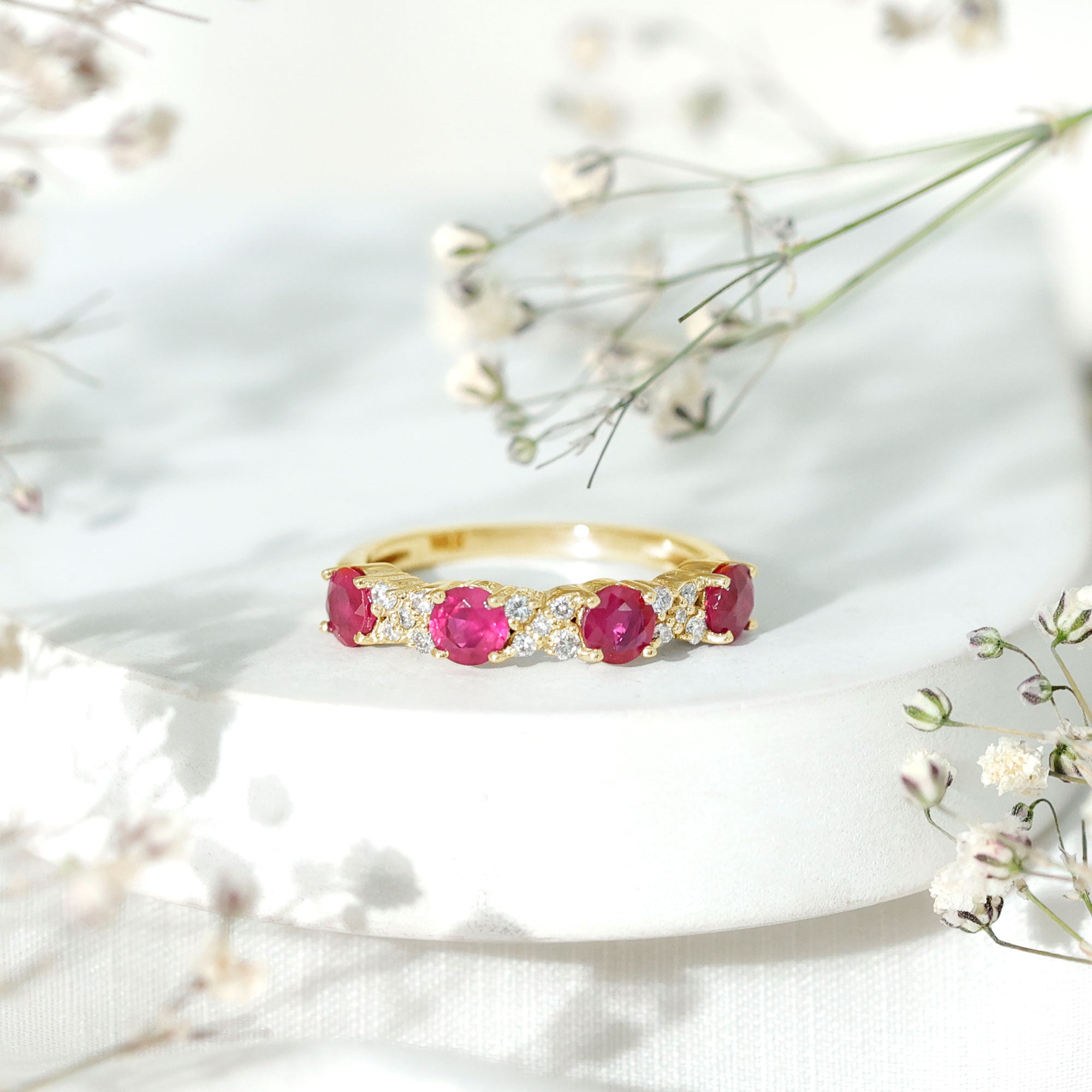 Ruby Eternity Ring – Half Eternity Band with Diamond & AAA Quality Rubies