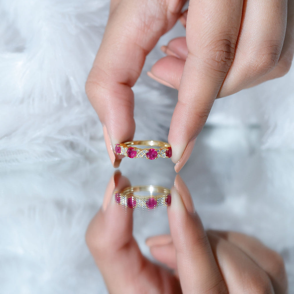 Ruby Eternity Ring – Half Eternity Band with Diamond & AAA Quality Rubies