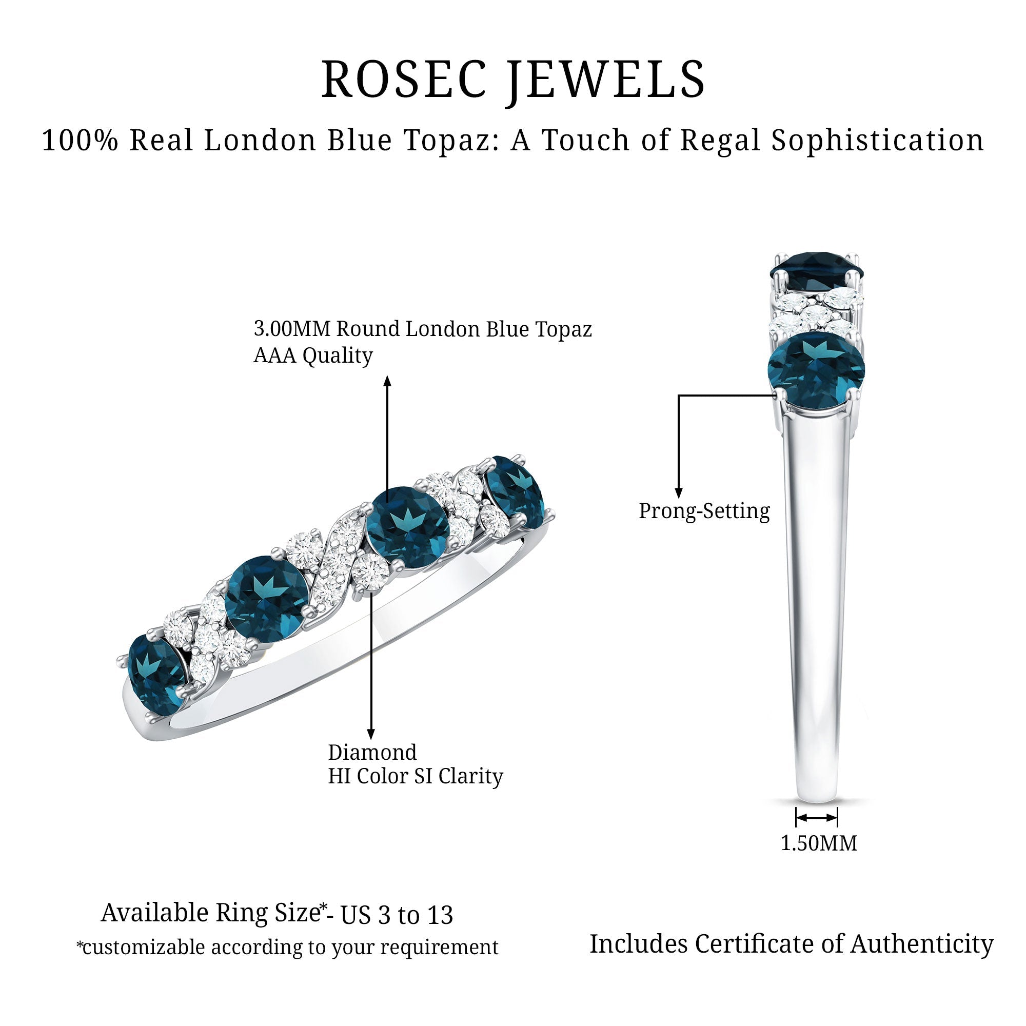 London Blue Topaz Semi Eternity Band with Diamond