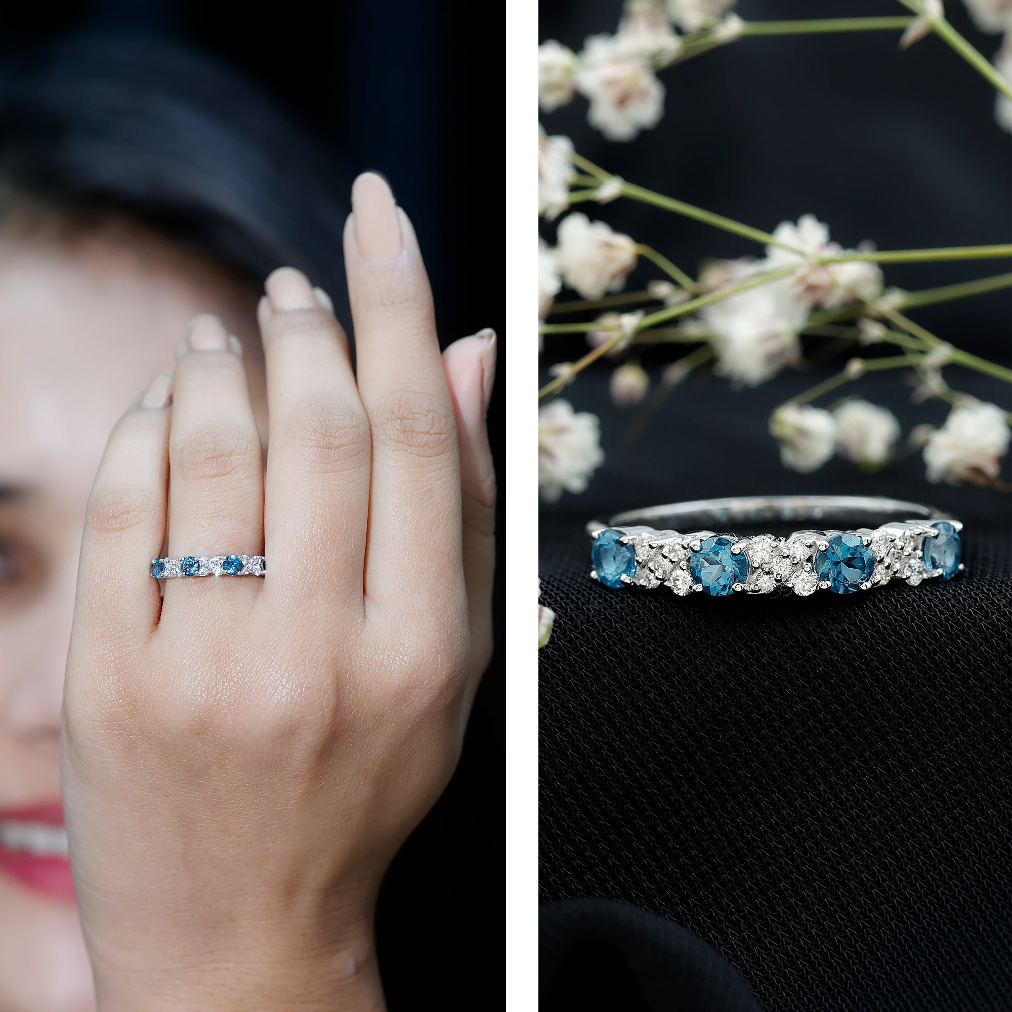 London Blue Topaz Semi Eternity Band with Diamond