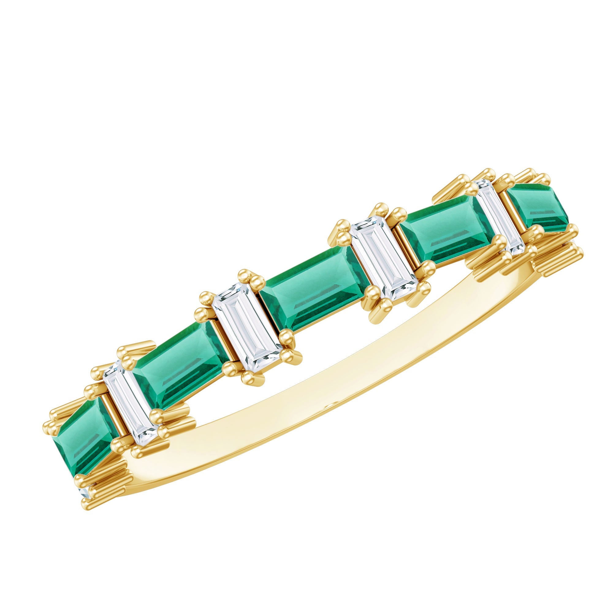 Lab Grown Emerald Ring – Half Eternity Baguette Diamond Prong Setting Jewelry
