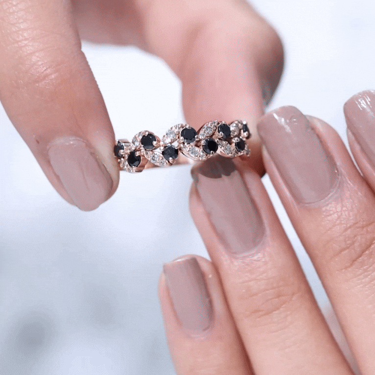 Black Onyx and Diamond Half Eternity Leaf Band for Women