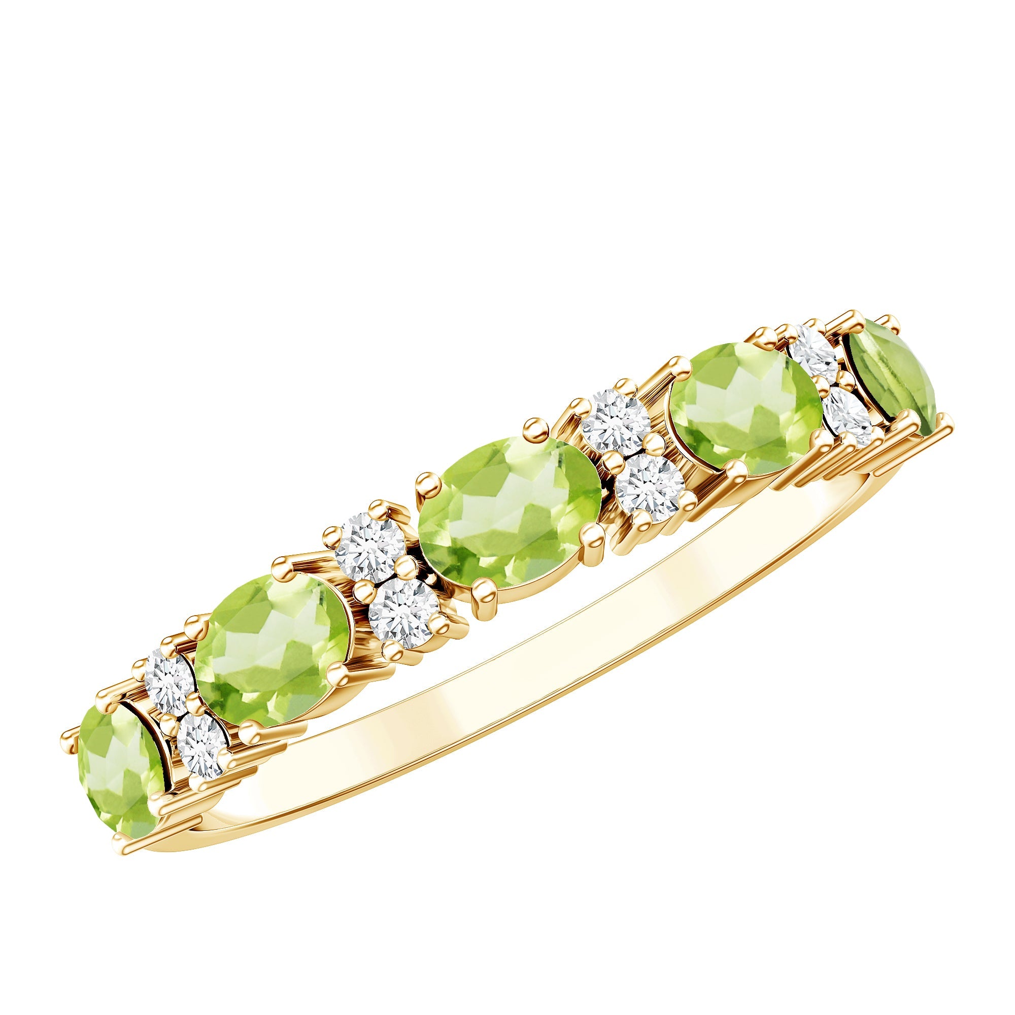 Peridot Diamond Ring - Half Eternity Band with Oval Green Gemstones in East West Style