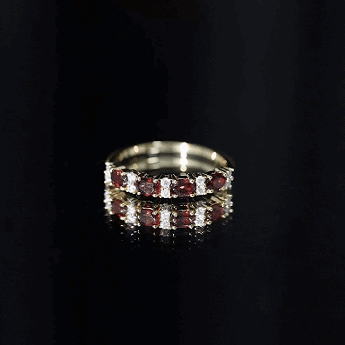 Garnet Eternity Ring – Yellow Gold Half Eternity Band with Oval Cut Stones