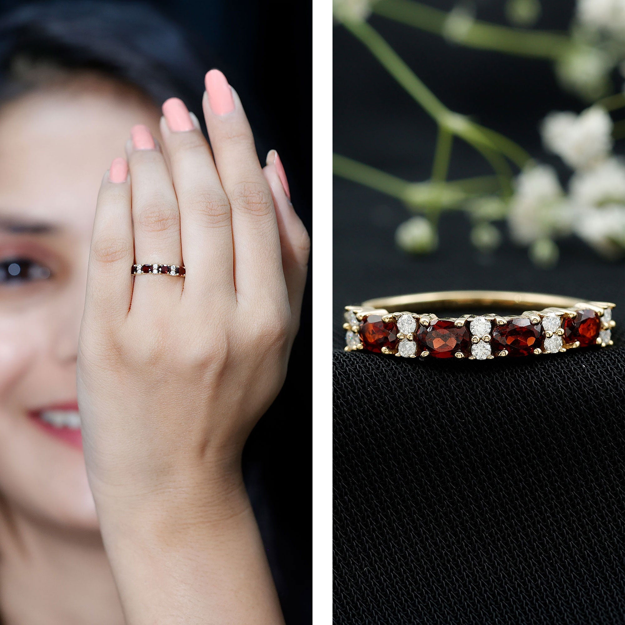Garnet Eternity Ring – Yellow Gold Half Eternity Band with Oval Cut Stones