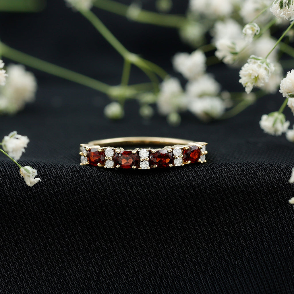 Garnet Eternity Ring – Yellow Gold Half Eternity Band with Oval Cut Stones
