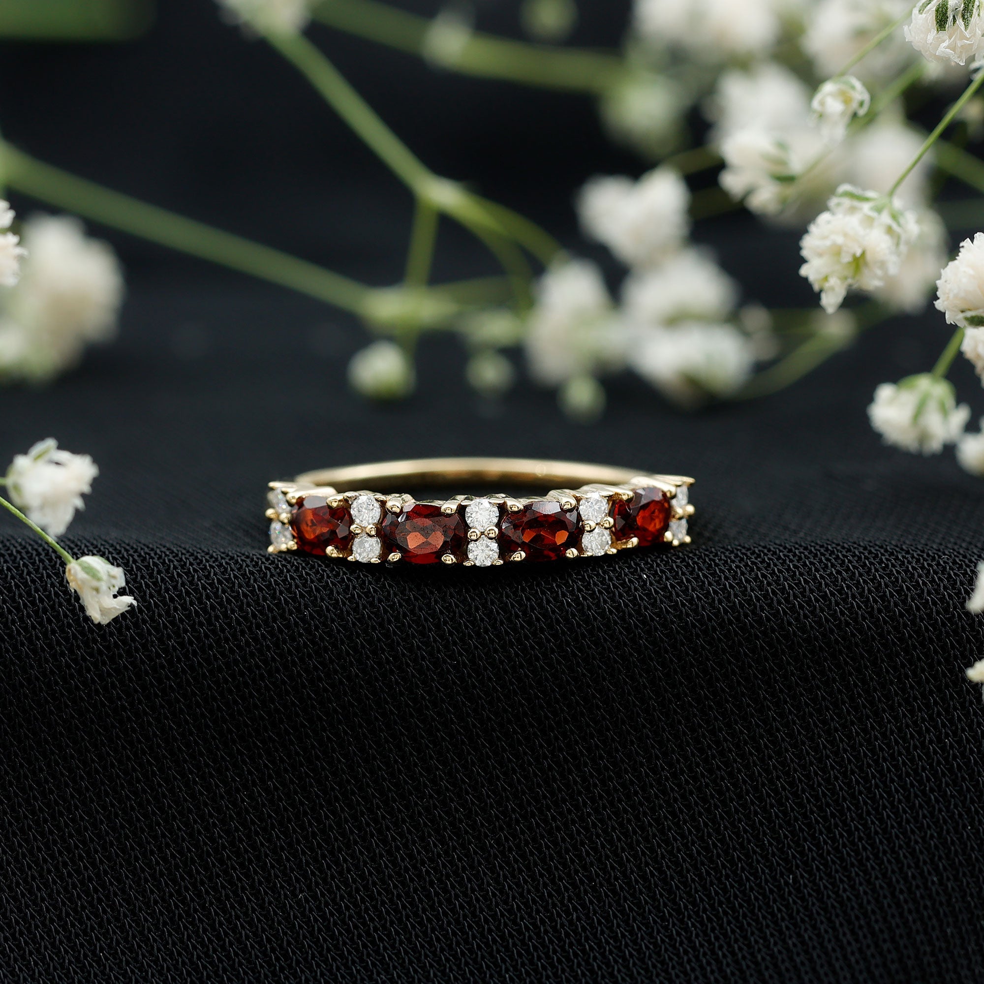 Garnet Eternity Ring – Yellow Gold Half Eternity Band with Oval Cut Stones