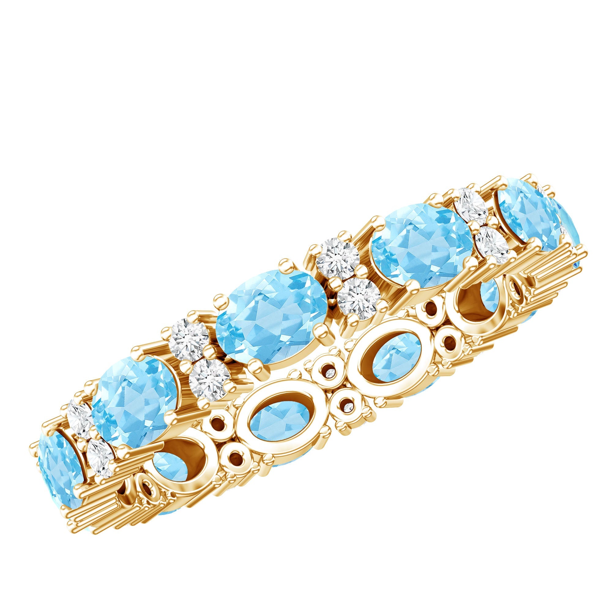 Aquamarine Eternity Ring – Diamond Wedding Band with Oval Aquamarine Gems in Prong Setting