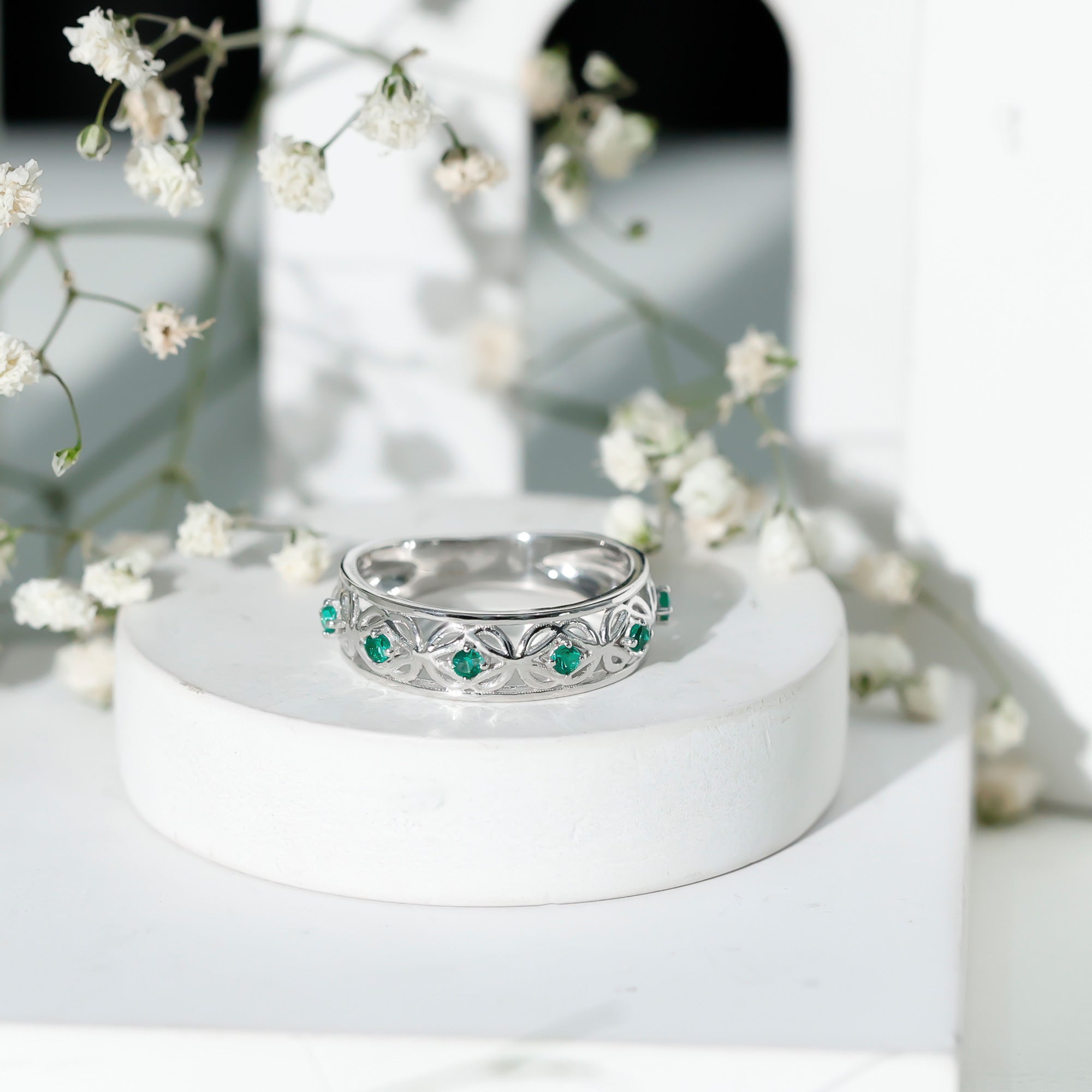 Emerald Eternity Band - Vintage Inspired Half Eternity Ring With Lab Created Emeralds