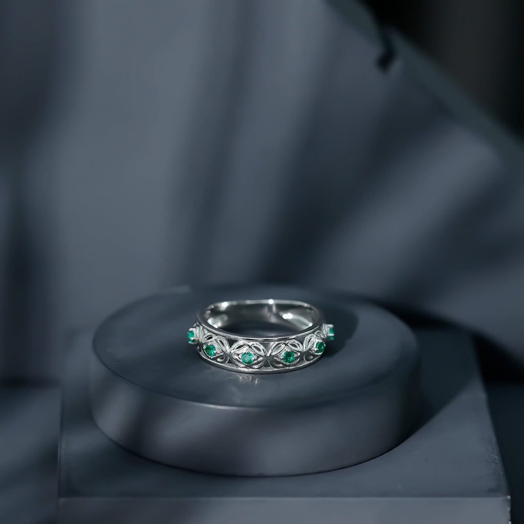 Emerald Eternity Band - Vintage Inspired Half Eternity Ring With Lab Created Emeralds