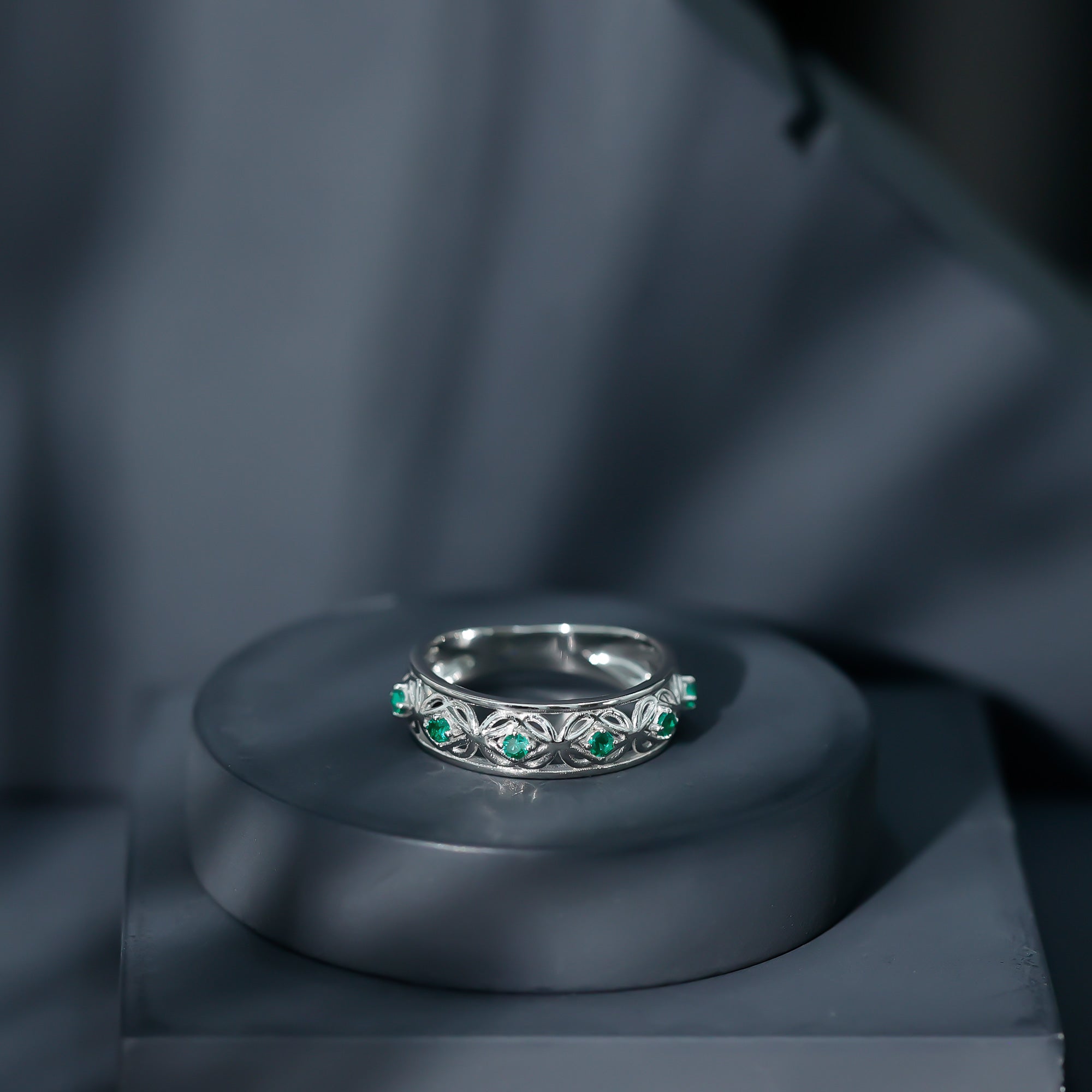 Emerald Eternity Band - Vintage Inspired Half Eternity Ring With Lab Created Emeralds