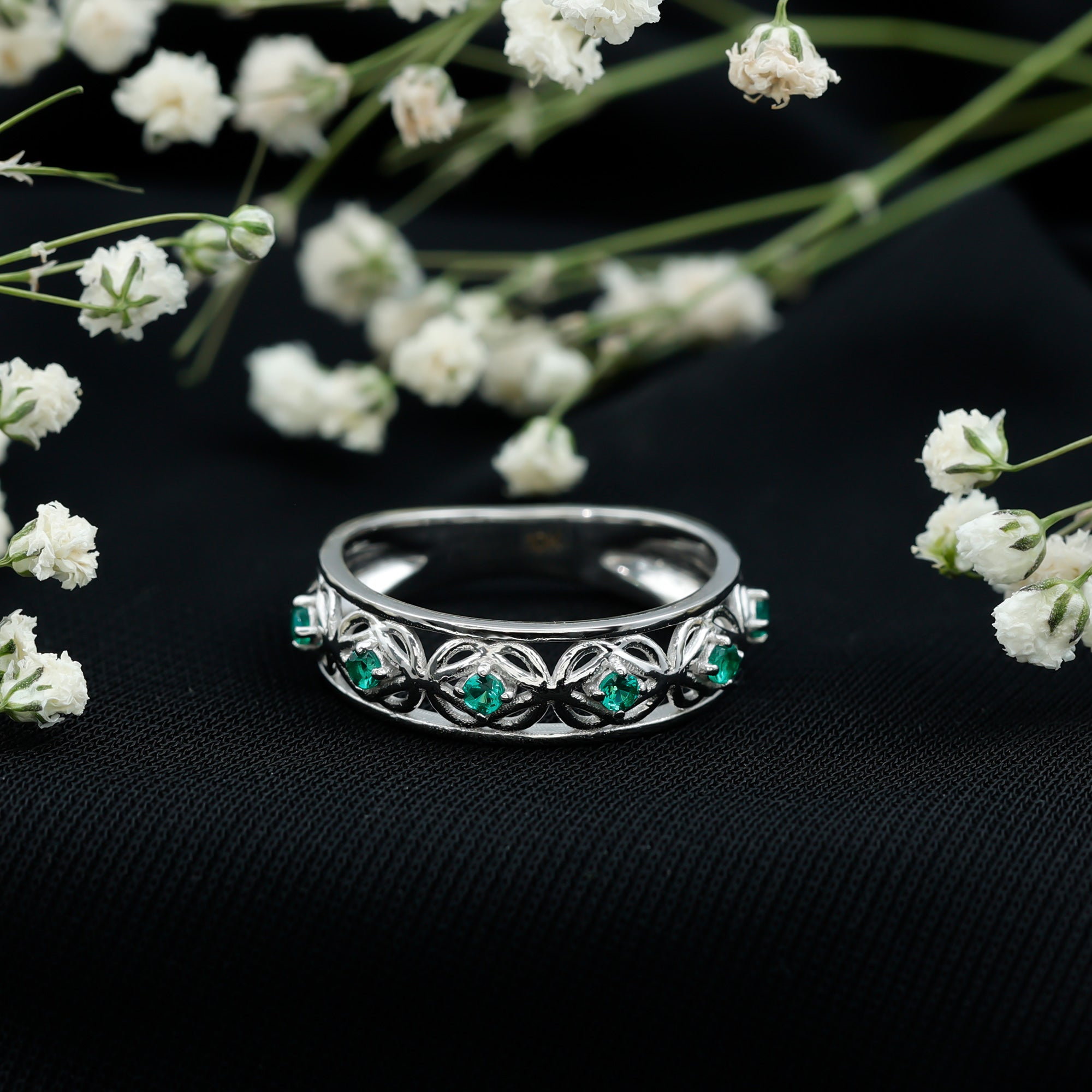 Emerald Eternity Band - Vintage Inspired Half Eternity Ring With Lab Created Emeralds