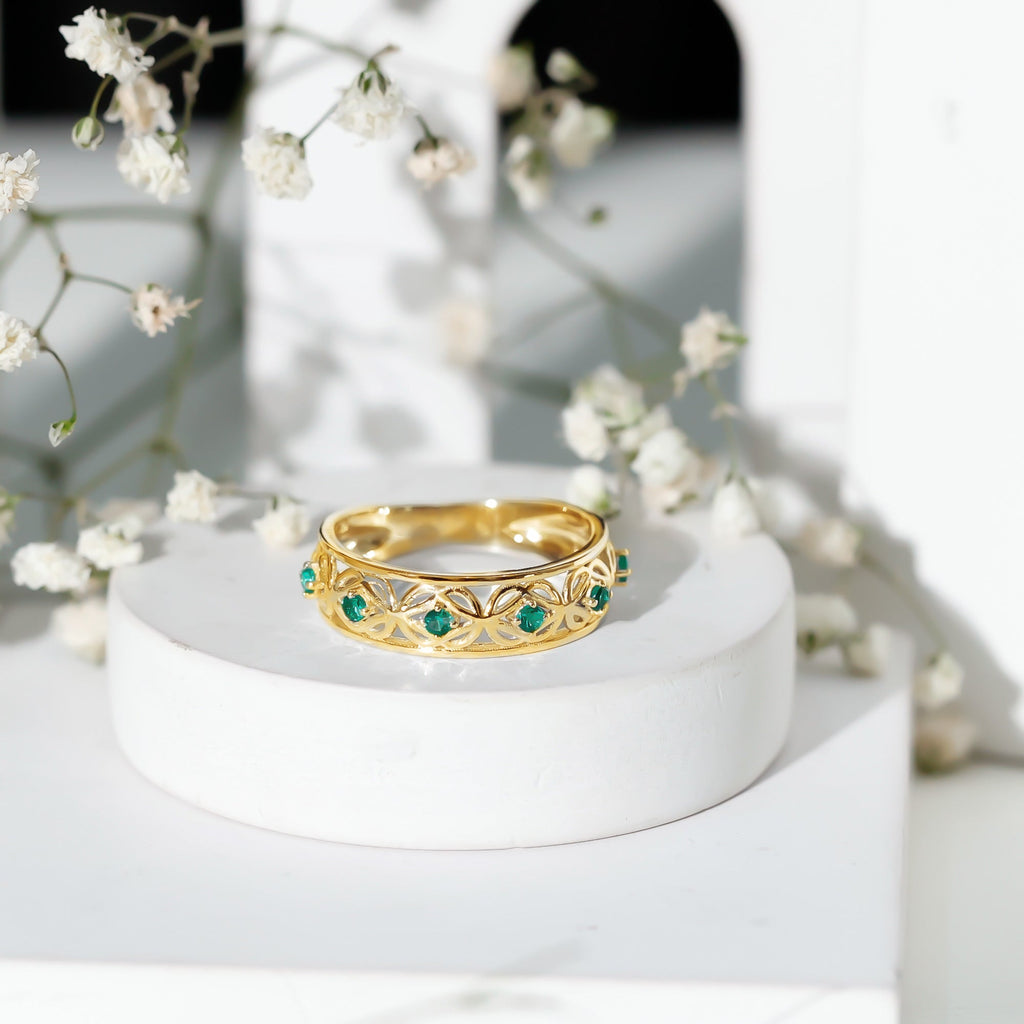 Emerald Eternity Band - Vintage Inspired Half Eternity Ring With Lab Created Emeralds