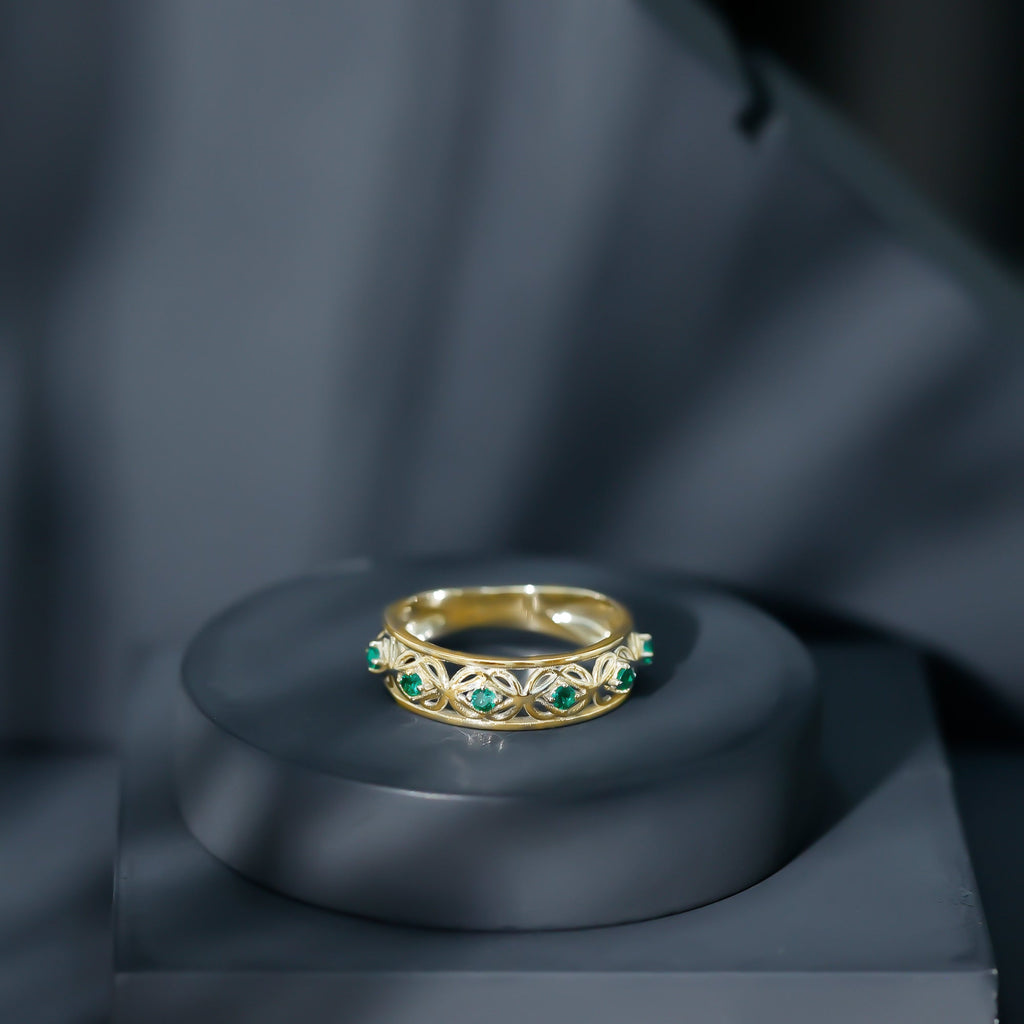 Emerald Eternity Band - Vintage Inspired Half Eternity Ring With Lab Created Emeralds