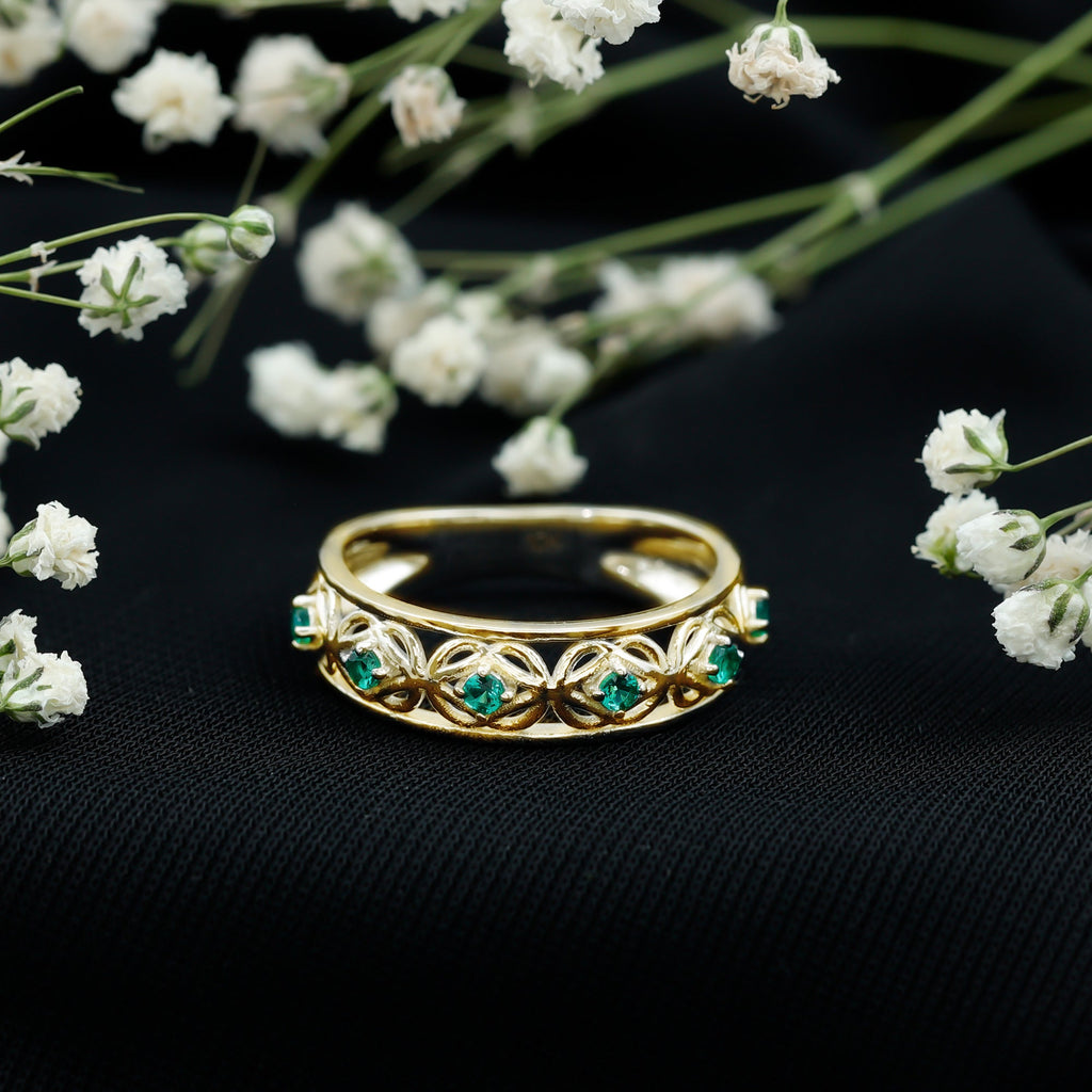 Emerald Eternity Band - Vintage Inspired Half Eternity Ring With Lab Created Emeralds
