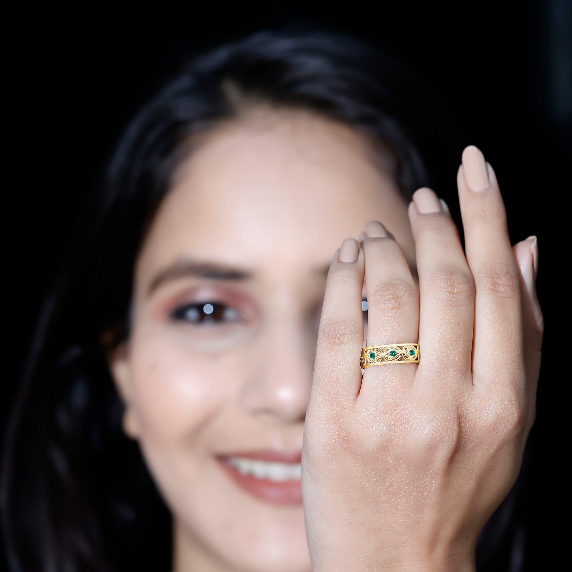 Emerald Eternity Band - Vintage Inspired Half Eternity Ring With Lab Created Emeralds