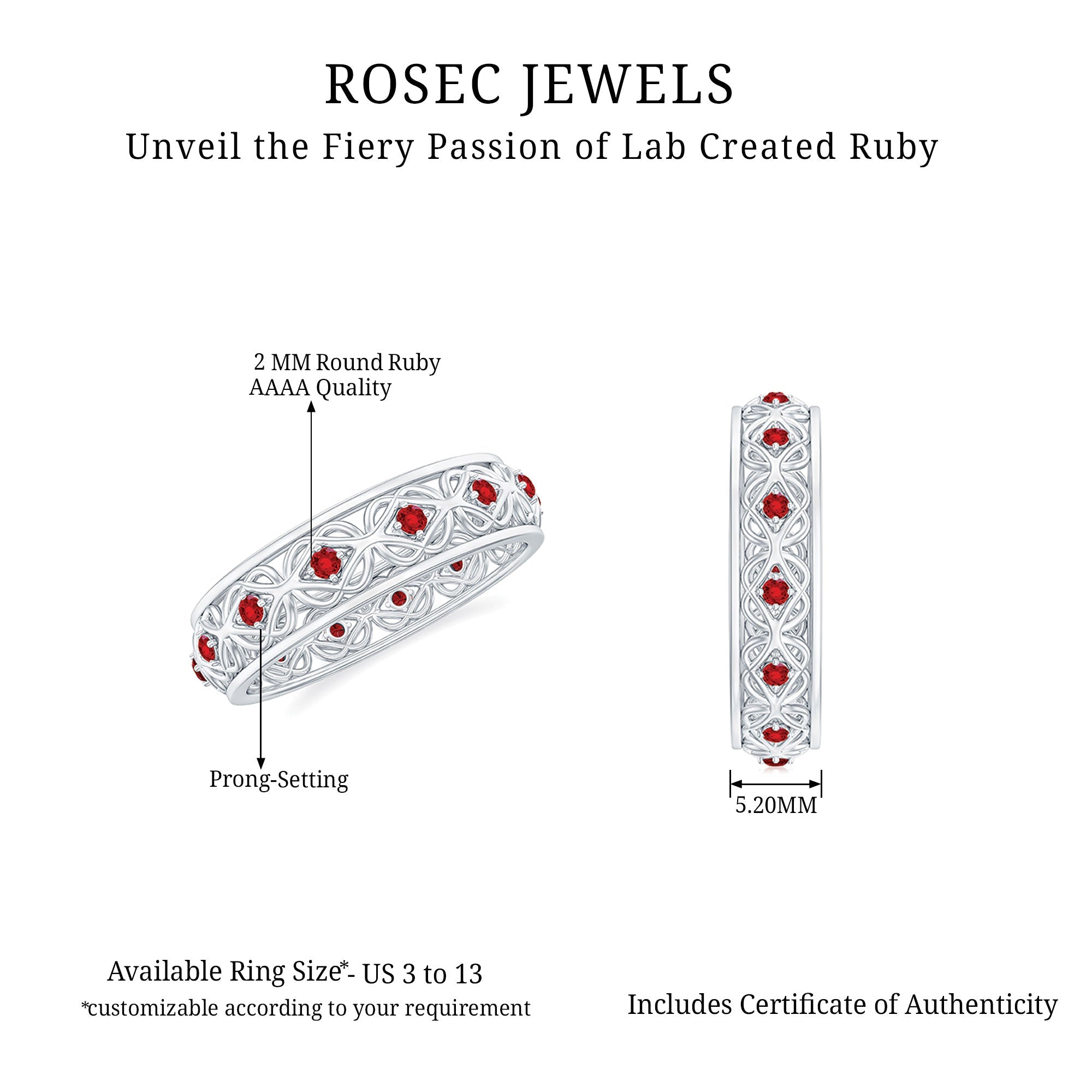 Lab Created Ruby Ring – Vintage Celtic Wedding Band With Prong Set Stones