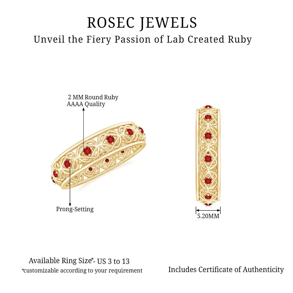 Lab Created Ruby Ring – Vintage Celtic Wedding Band With Prong Set Stones