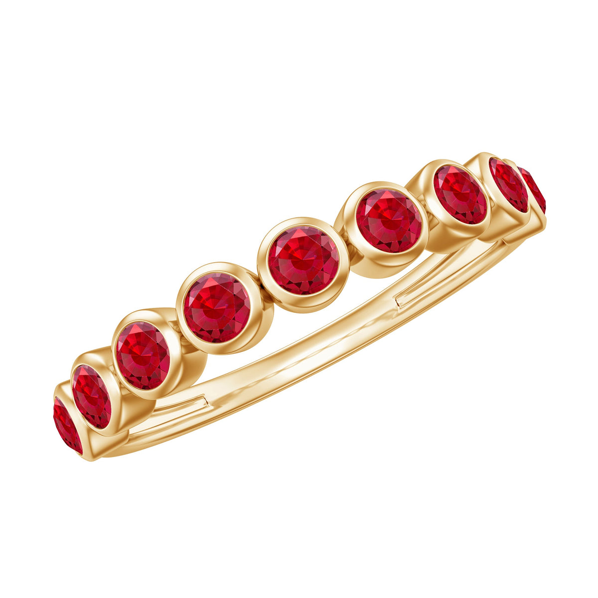 Minimal created ruby half eternity ring in gold bezel setting