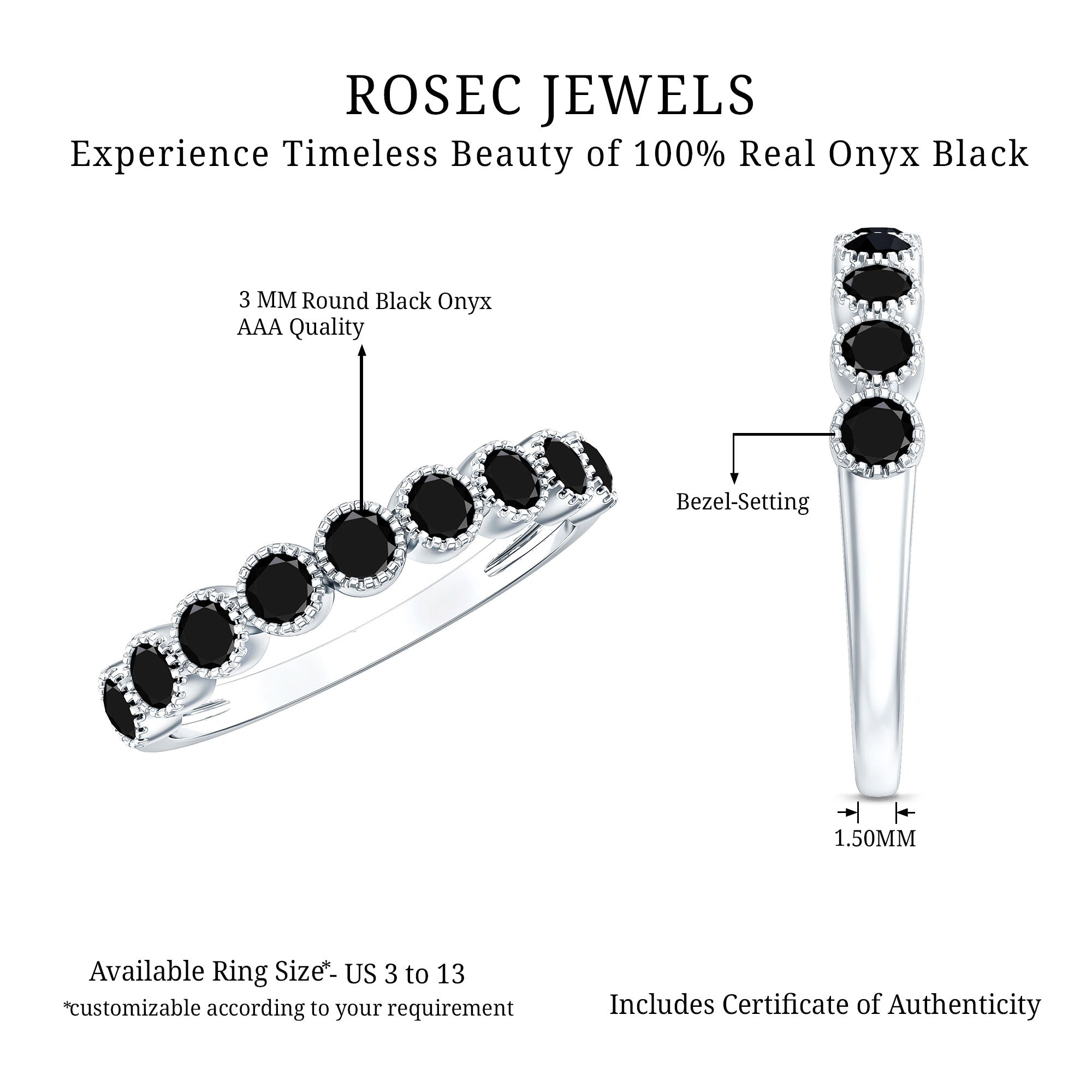 Beaded Bezel Set Black Onyx Half Eternity Wedding Band