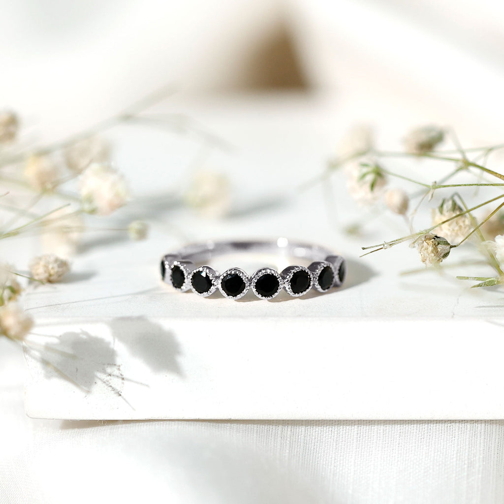 Beaded Bezel Set Black Onyx Half Eternity Wedding Band