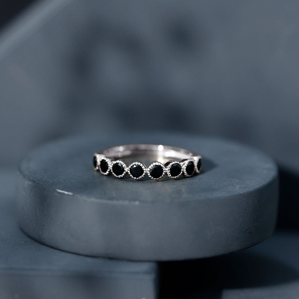 Beaded Bezel Set Black Onyx Half Eternity Wedding Band
