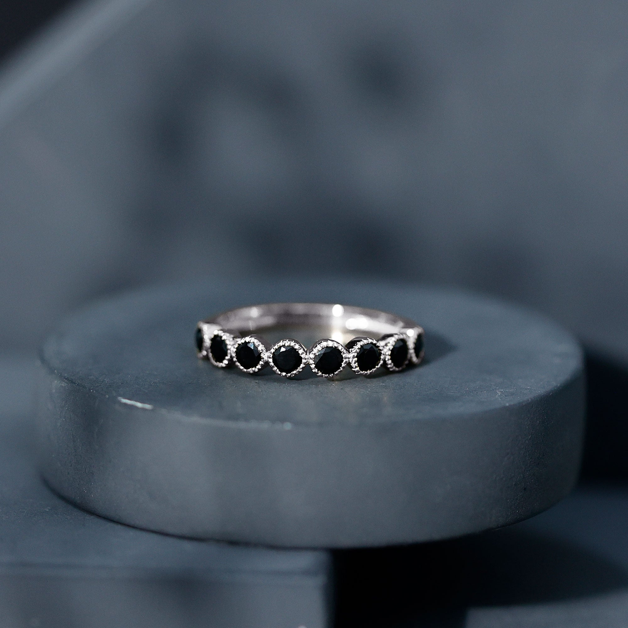 Beaded Bezel Set Black Onyx Half Eternity Wedding Band