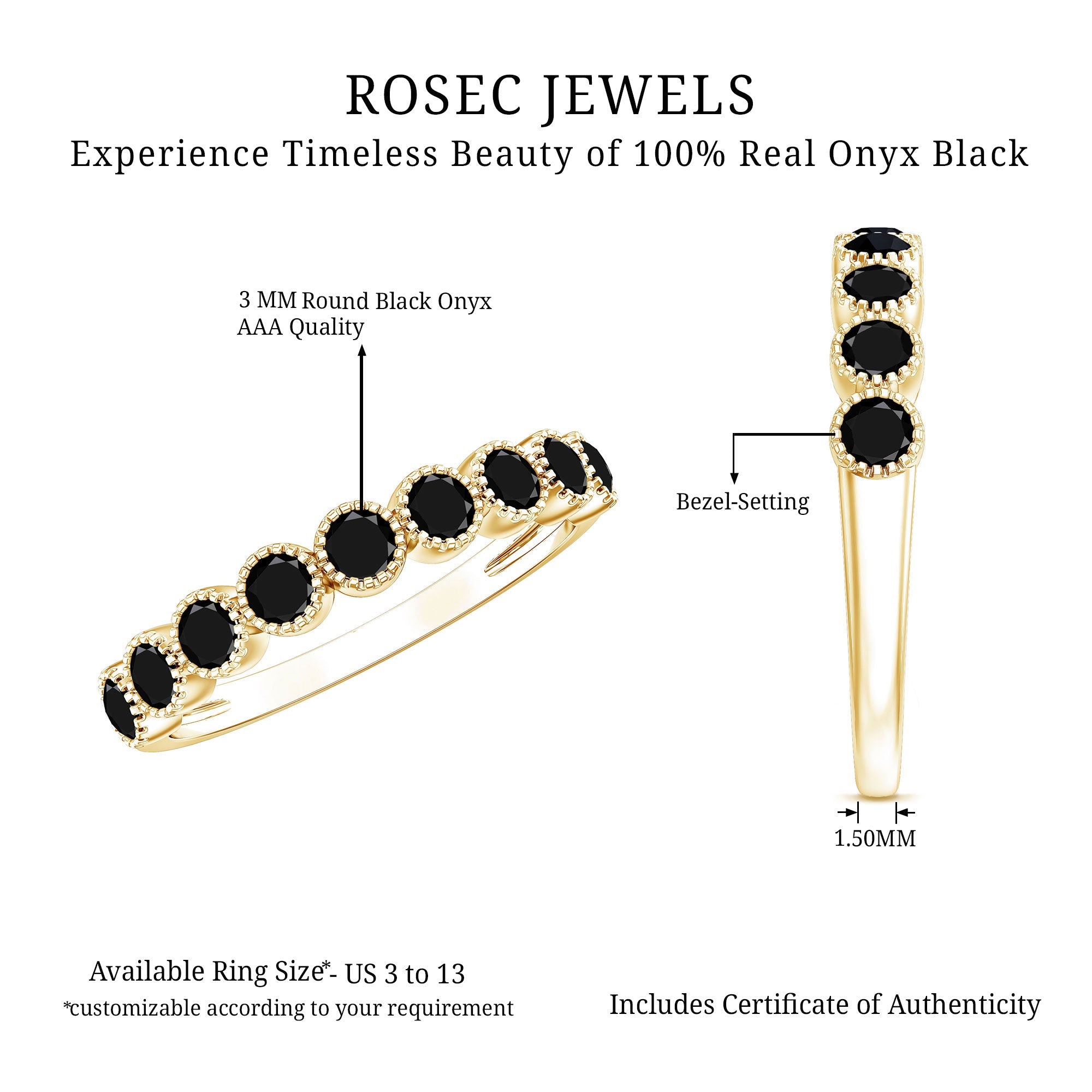 Beaded Bezel Set Black Onyx Half Eternity Wedding Band