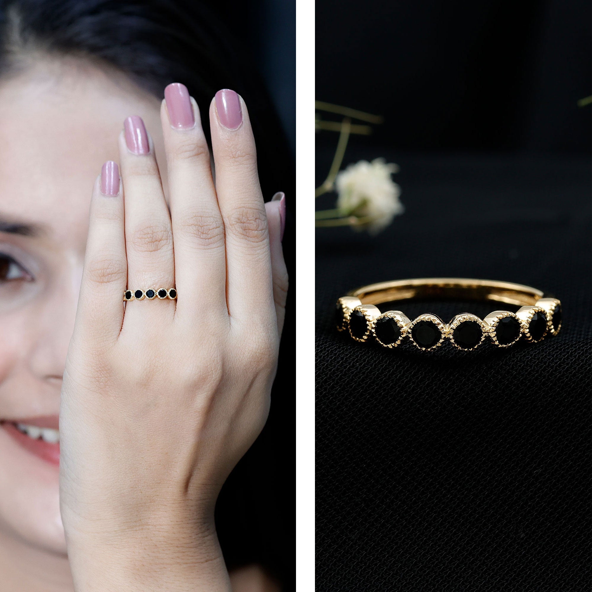 Beaded Bezel Set Black Onyx Half Eternity Wedding Band