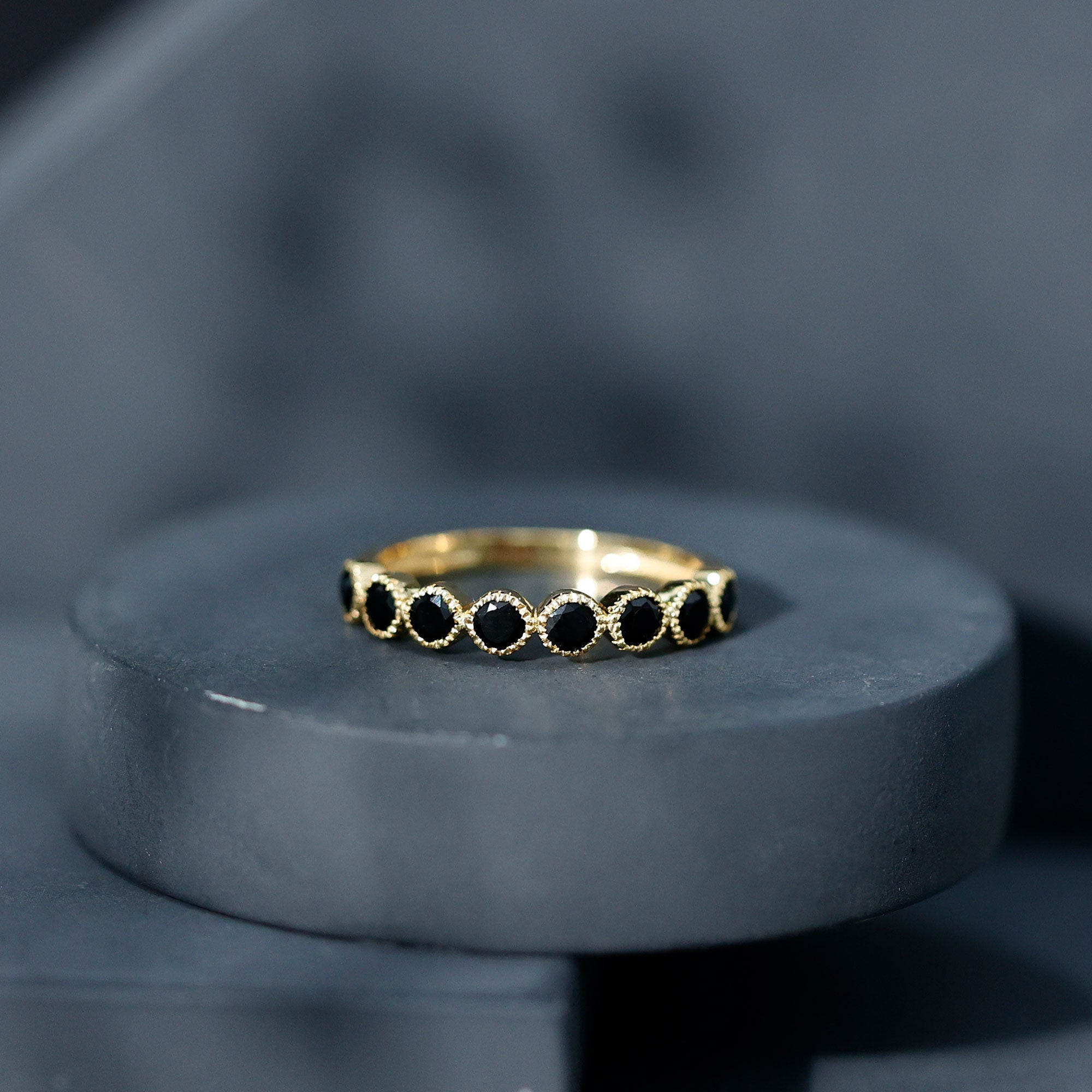 Beaded Bezel Set Black Onyx Half Eternity Wedding Band