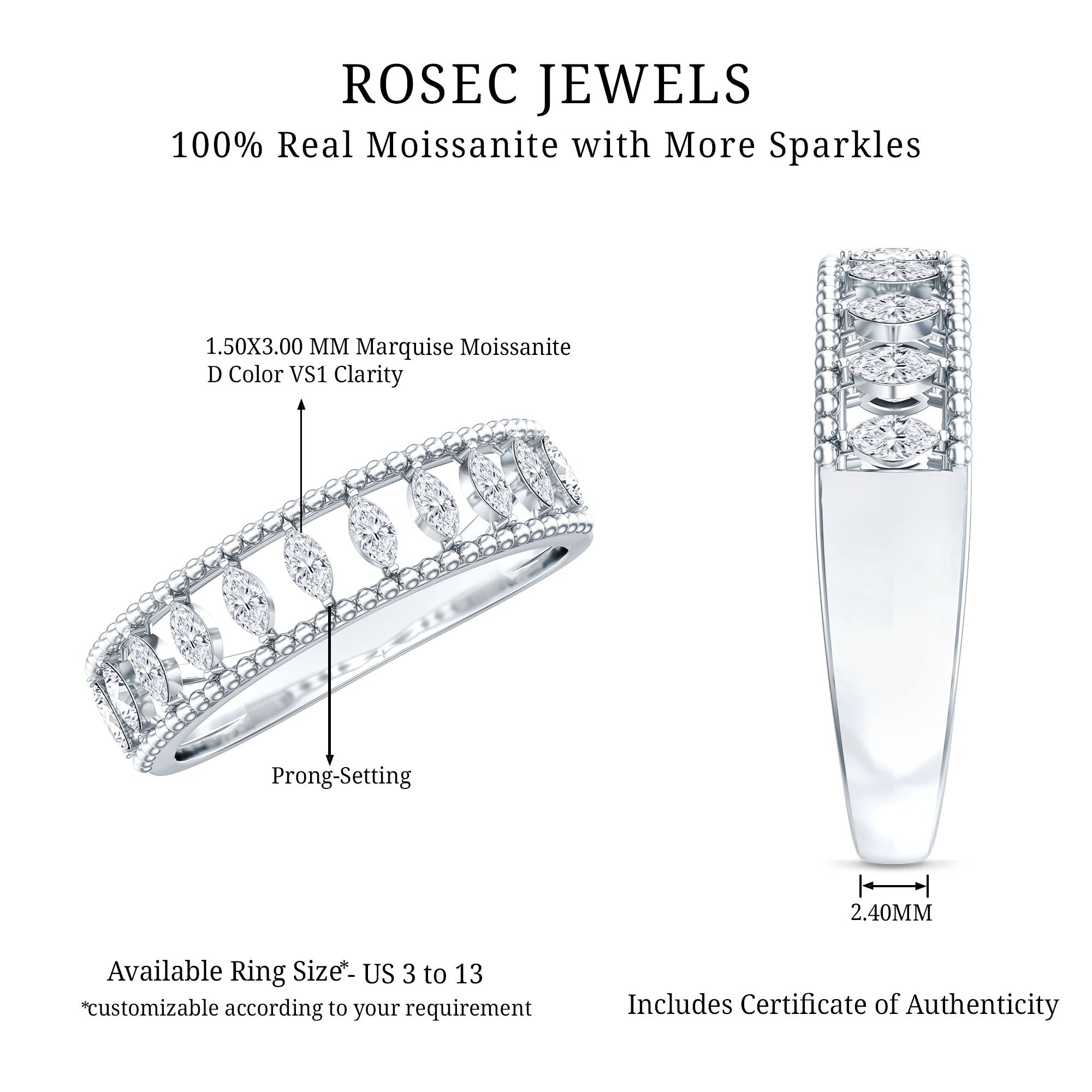 Marquise Moissanite Half Eternity Band Ring