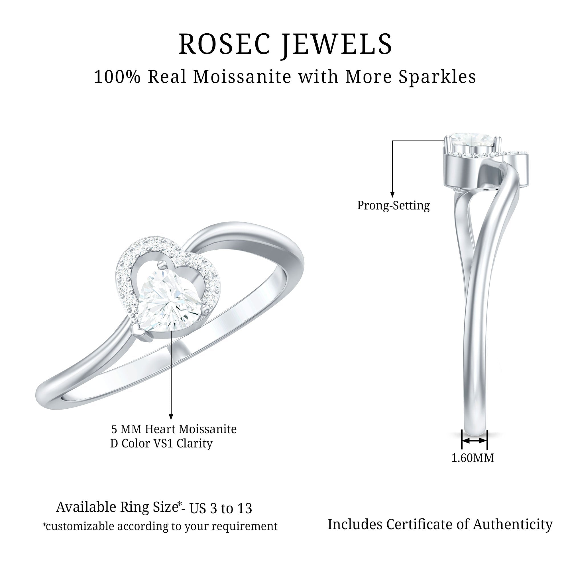 Moissanite Promise Ring - Heart Shaped 5MM D-VS1 Stone with Twisted Band