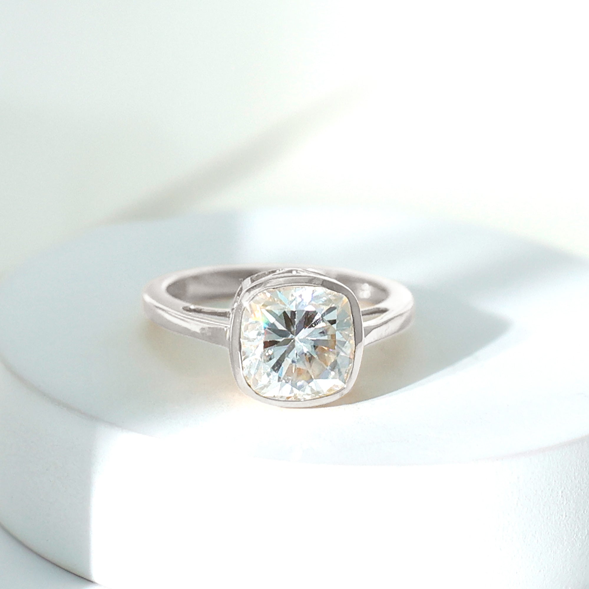 Bezel Set Cushion Cut Moissanite Solitaire Engagement Ring