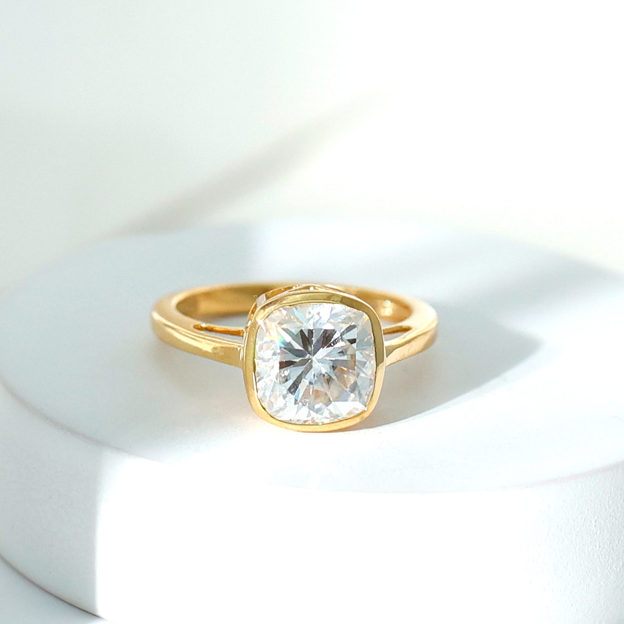 Bezel Set Cushion Cut Moissanite Solitaire Engagement Ring