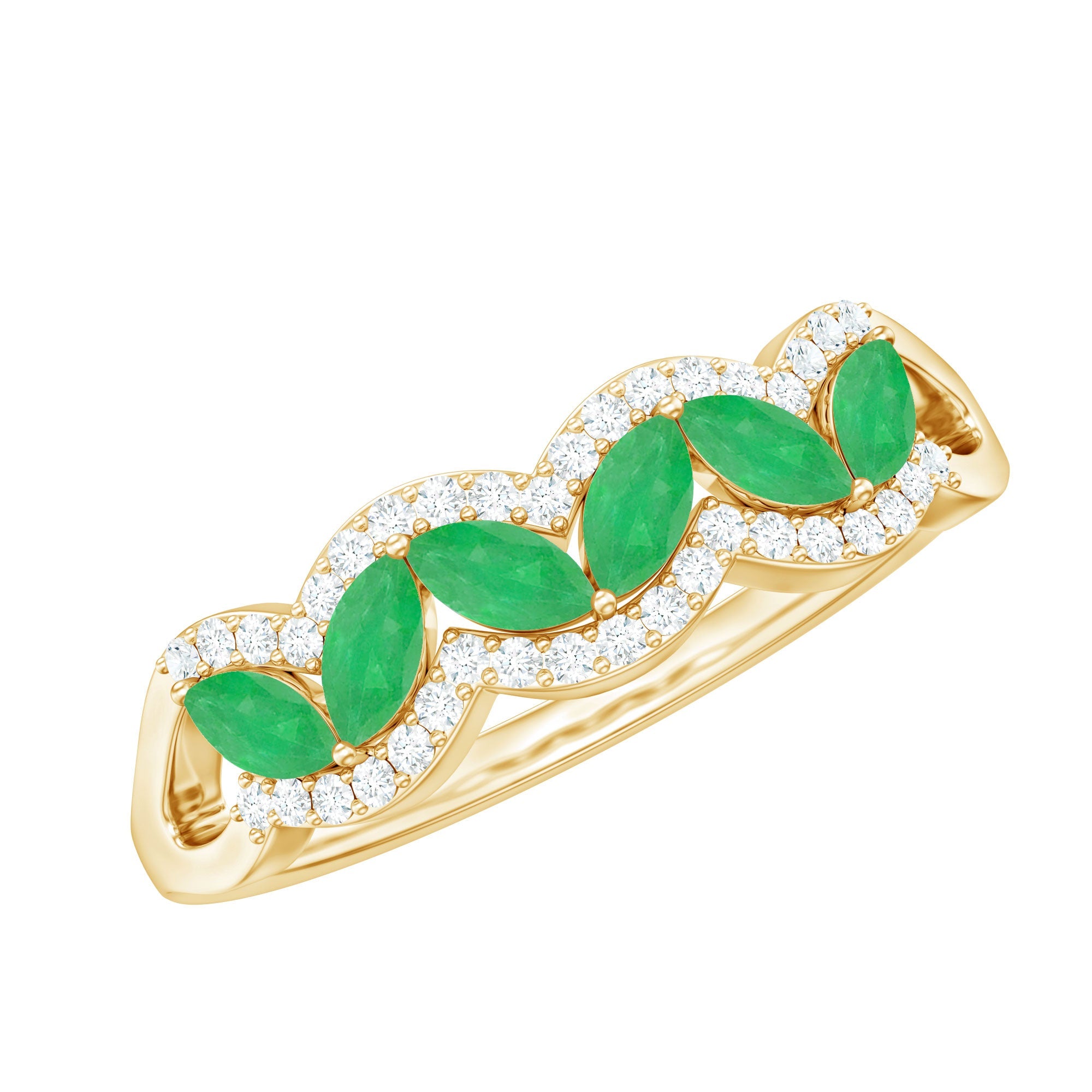Emerald Anniversary Ring – Natural Marquise Emerald Half Eternity Band with Diamond Accents