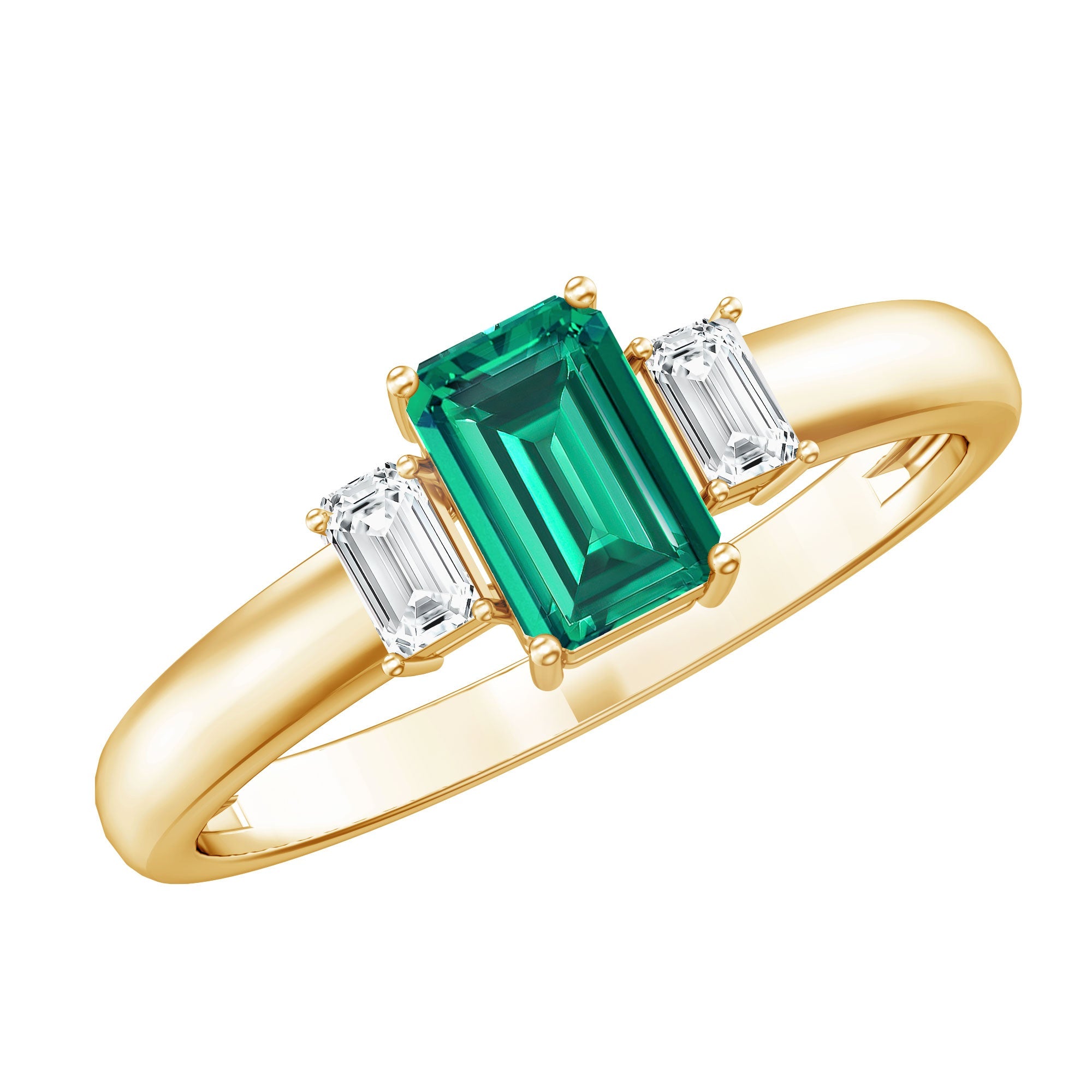 Emerald Promise Ring – Three Stone Ring with AAA Quality Emerald & Baguette Diamonds