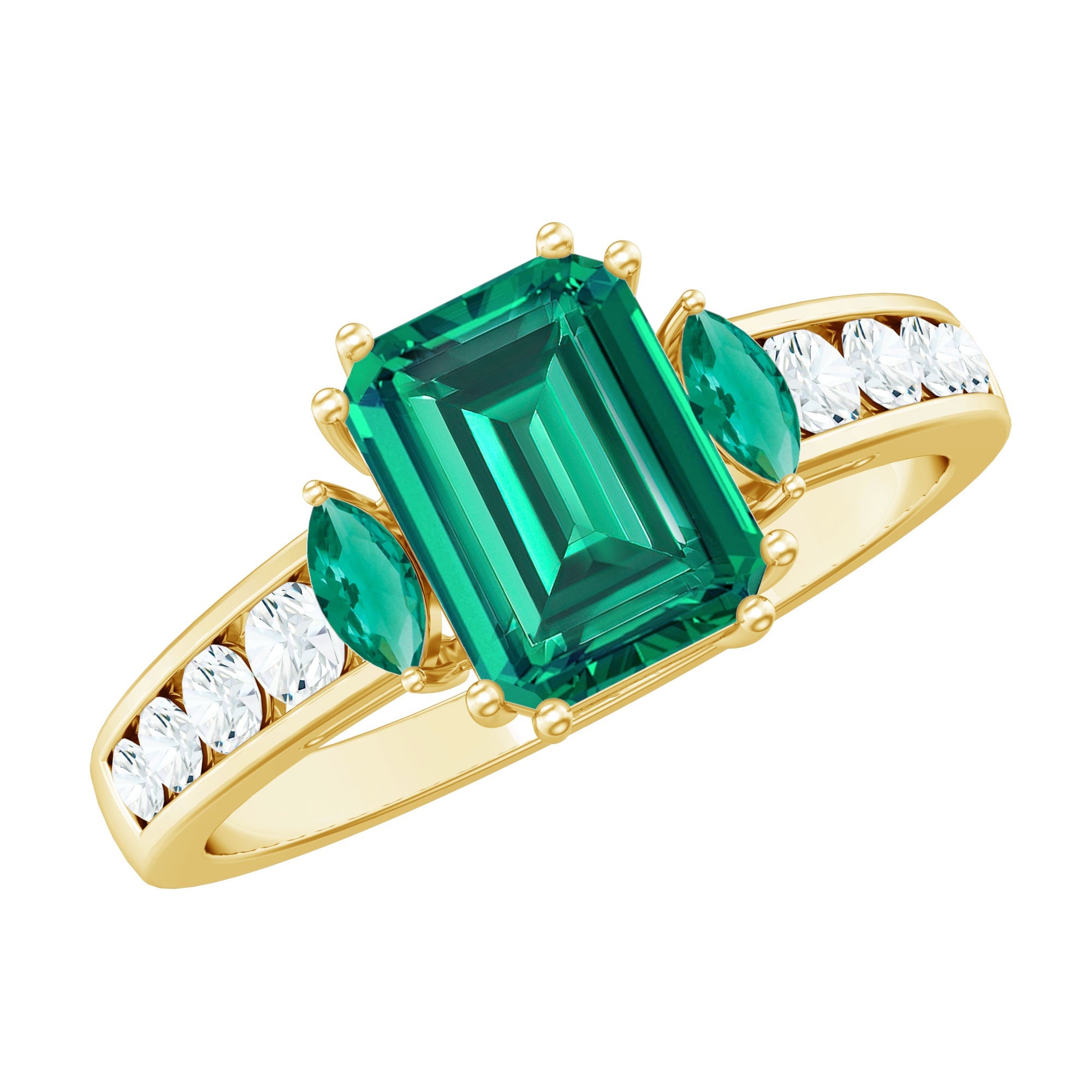 Emerald Cut Engagement Ring | Lab Created Emerald With Diamond Accents - Rosec Jewels