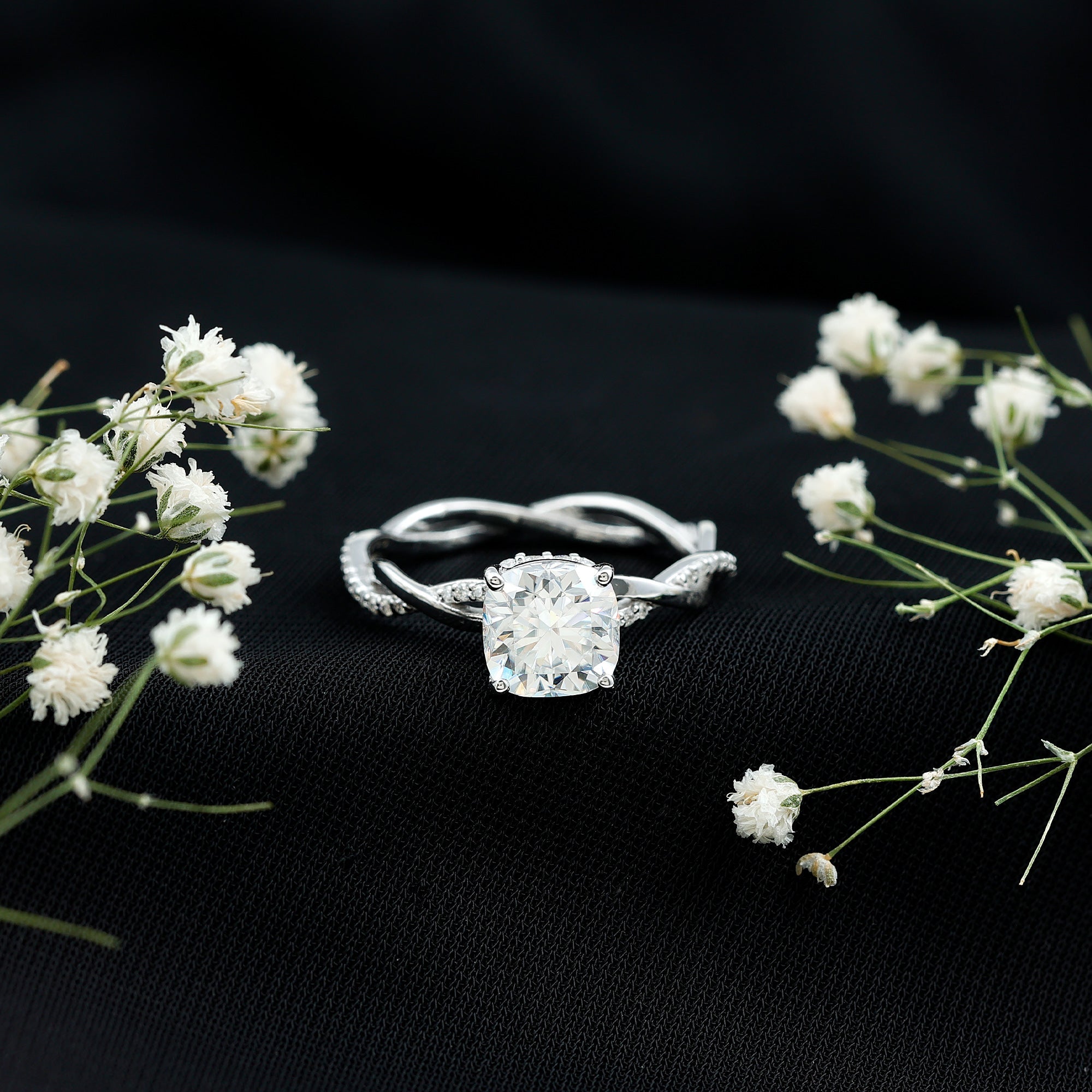 3 Carat Moissanite Cushion Cut Hidden Halo Engagement Rings