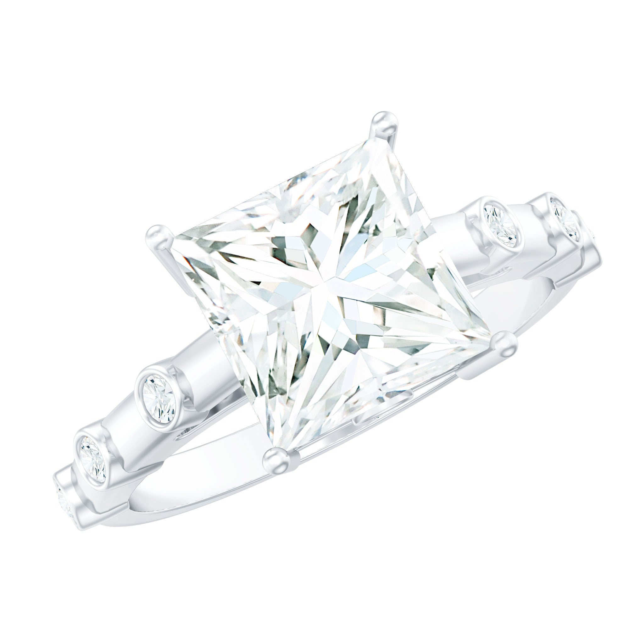 Princess Cut Moissanite Ring – Solitaire Engagement Ring With Spaced Accent Diamonds