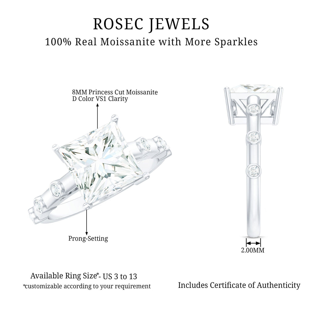 Princess Cut Moissanite Ring – Solitaire Engagement Ring With Spaced Accent Diamonds