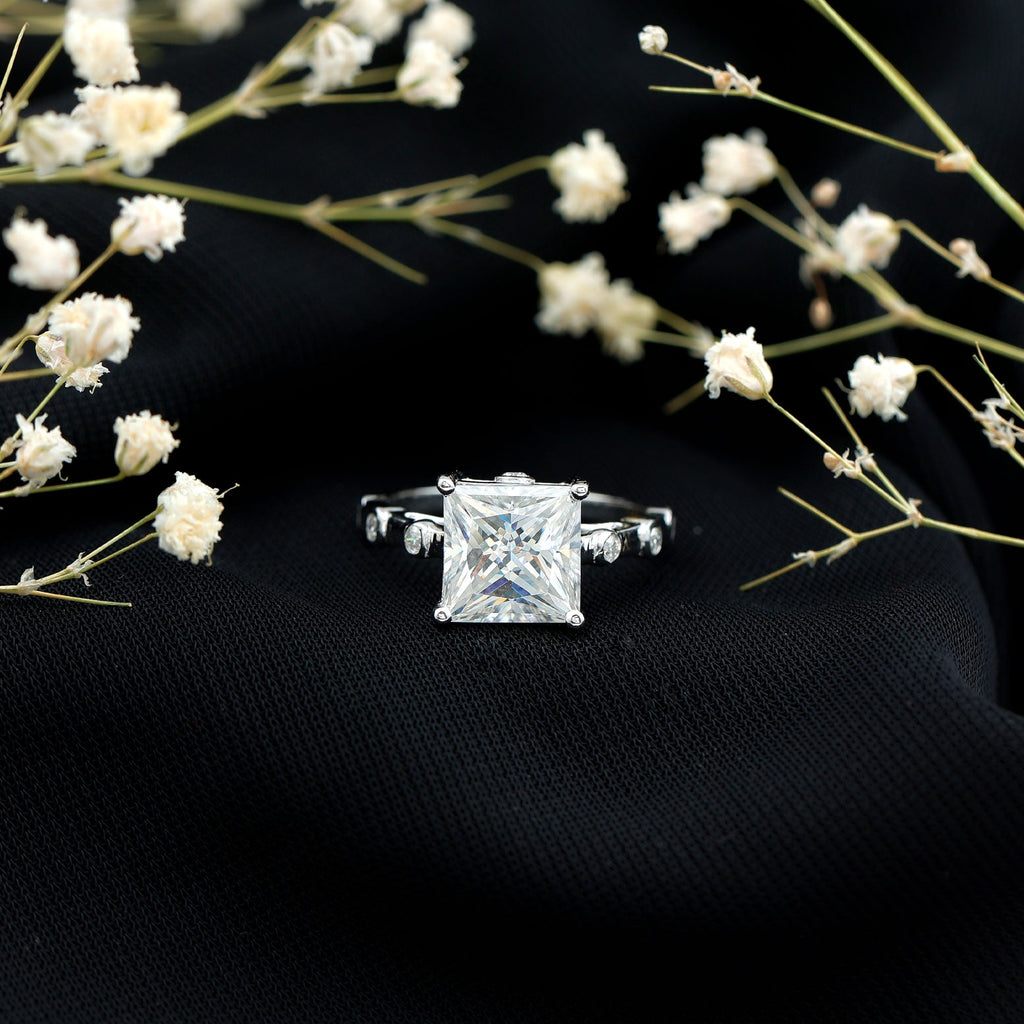 Princess Cut Moissanite Ring – Solitaire Engagement Ring With Spaced Accent Diamonds