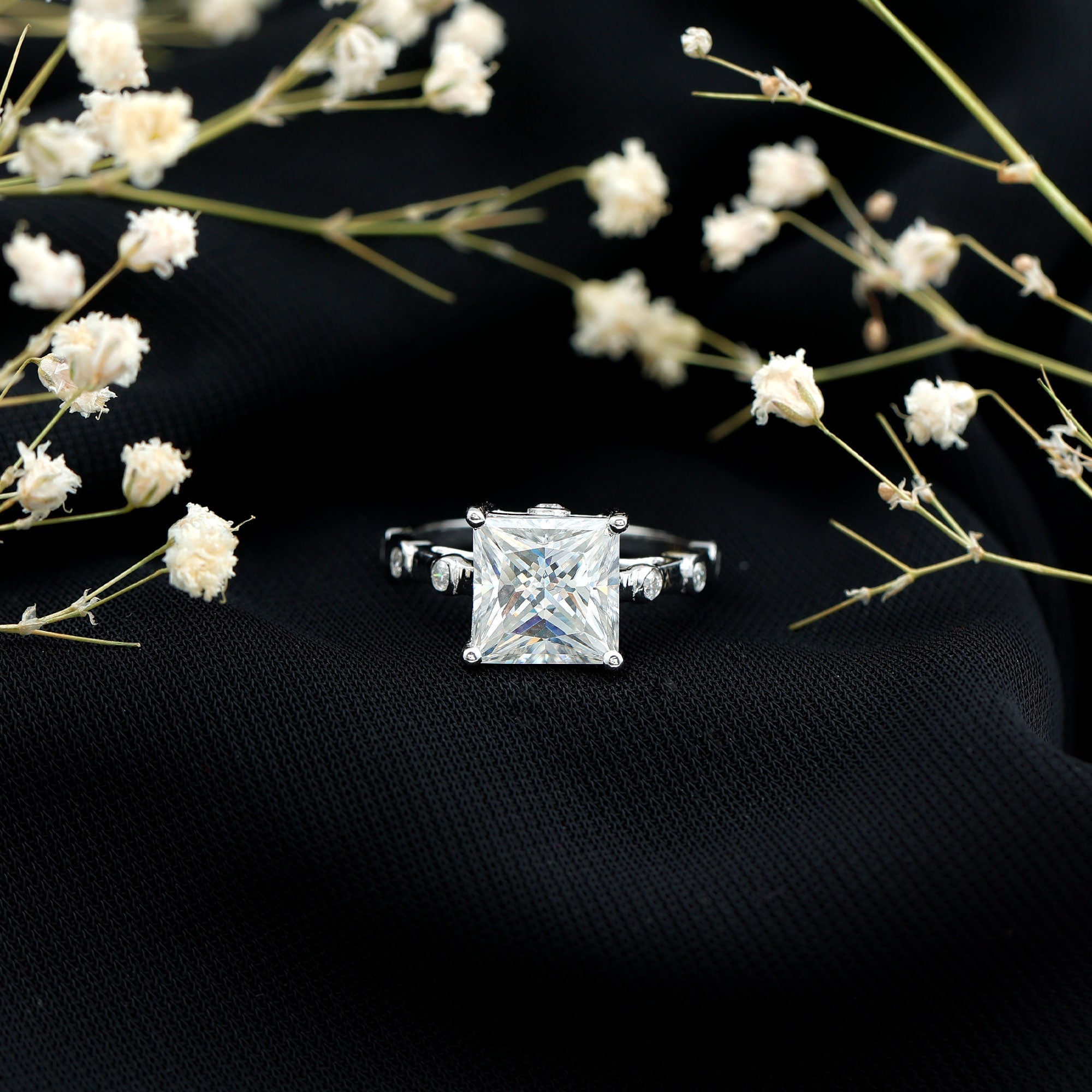 Princess Cut Moissanite Ring – Solitaire Engagement Ring With Spaced Accent Diamonds