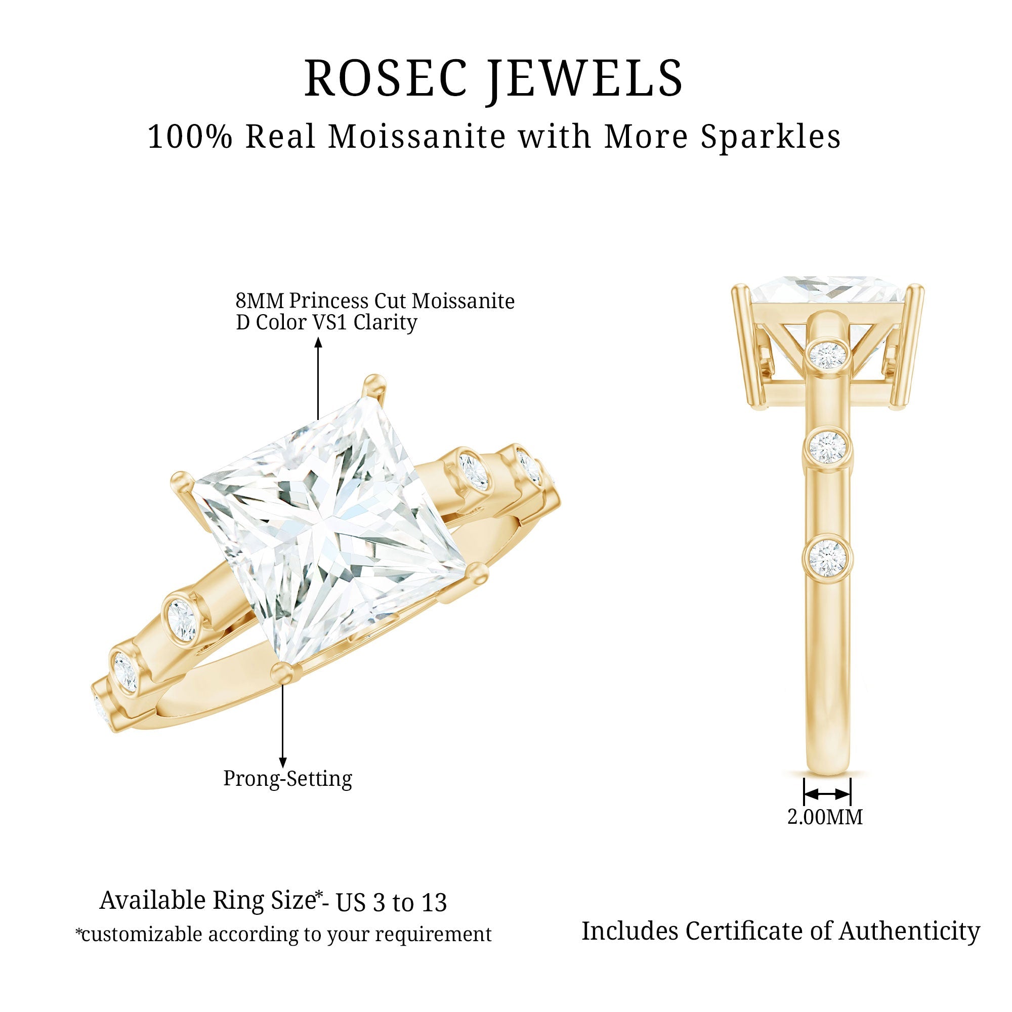 Princess Cut Moissanite Ring – Solitaire Engagement Ring With Spaced Accent Diamonds