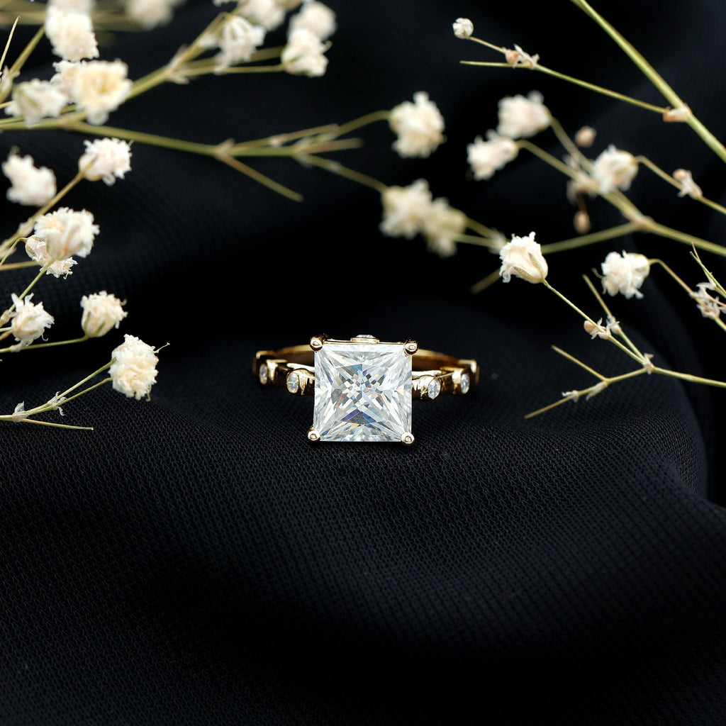 Princess Cut Moissanite Ring – Solitaire Engagement Ring With Spaced Accent Diamonds